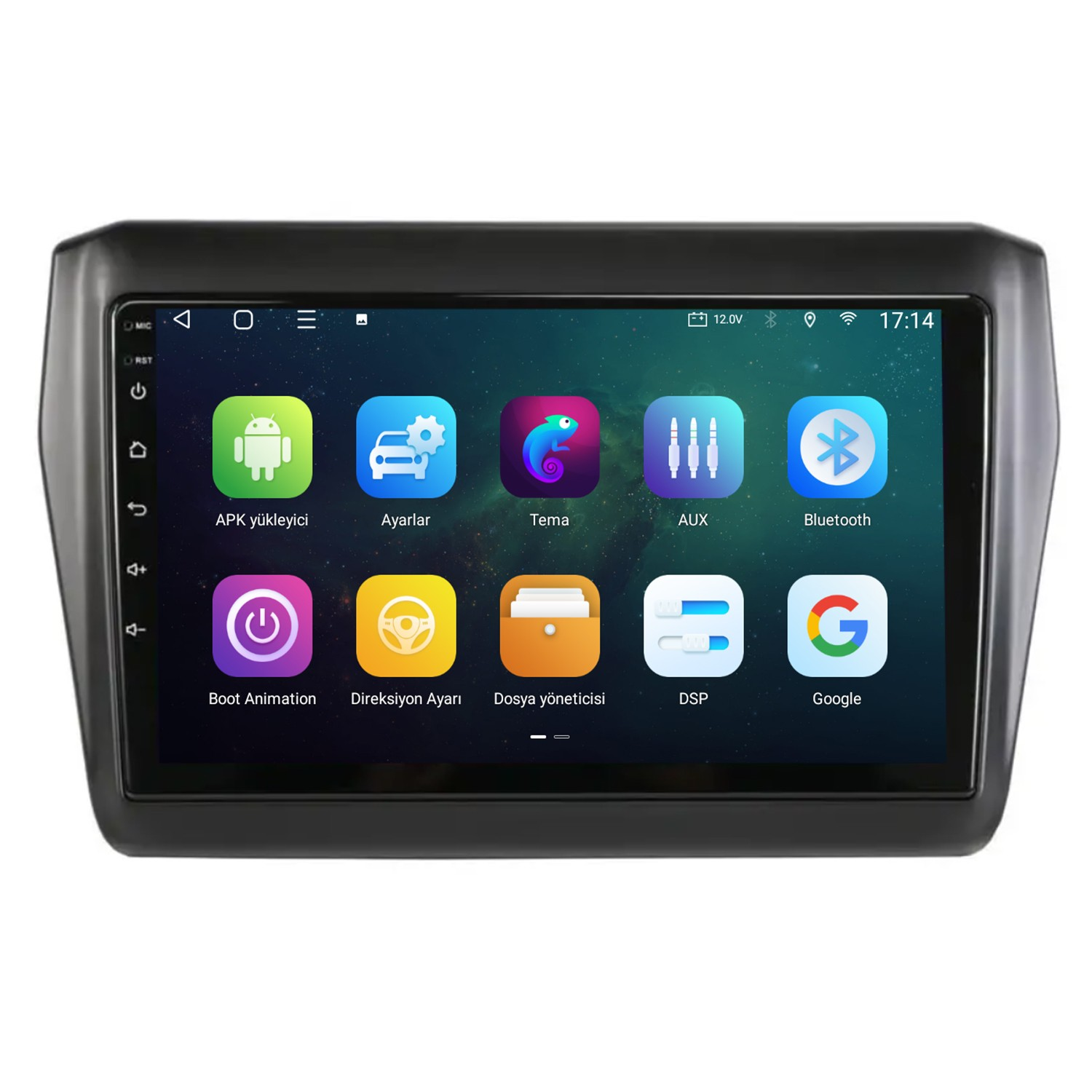 Android, ayarlar, tema, AUX ve Bluetooth gibi uygulama simgelerini gösteren modern bir araç ses sistemi ekranı.