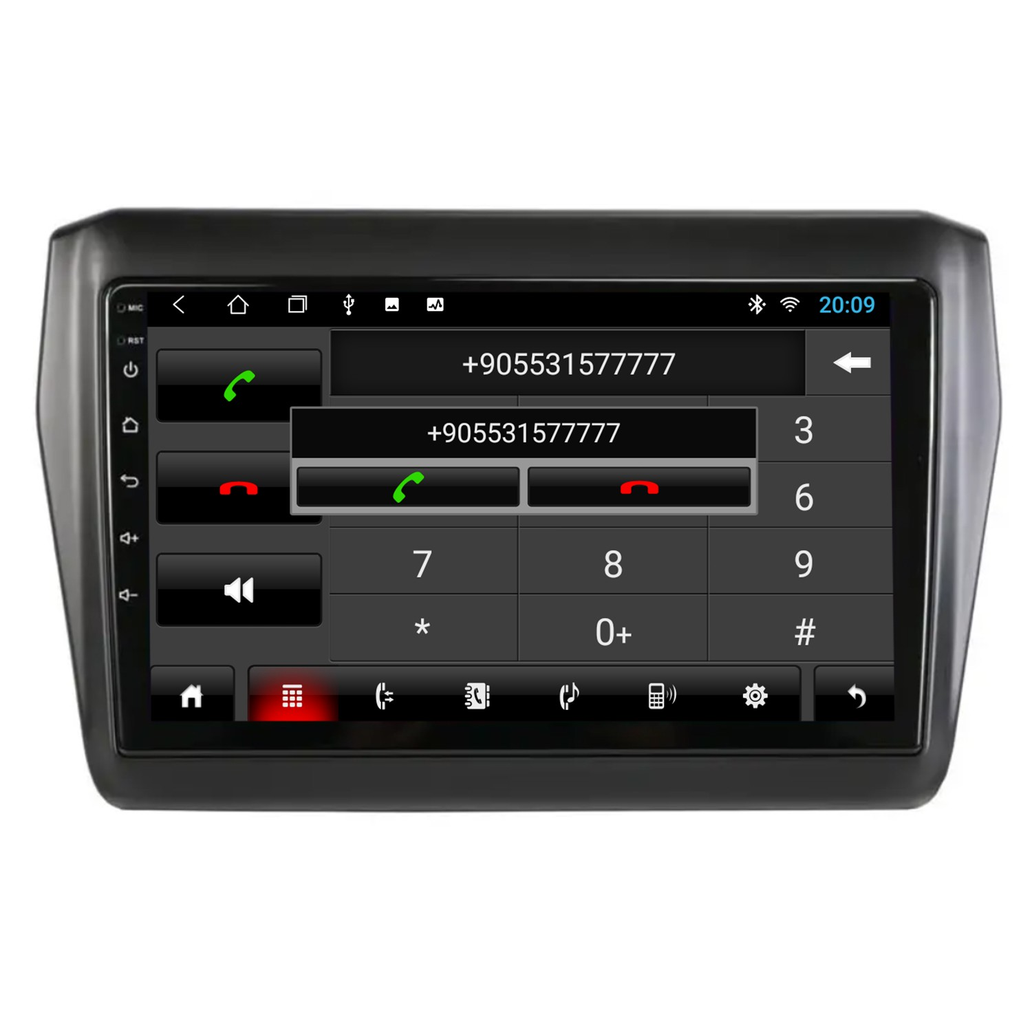 Bir araç stereo dokunmatik ekranı, tuş takımlı bir telefon uygulaması gösteriyor.