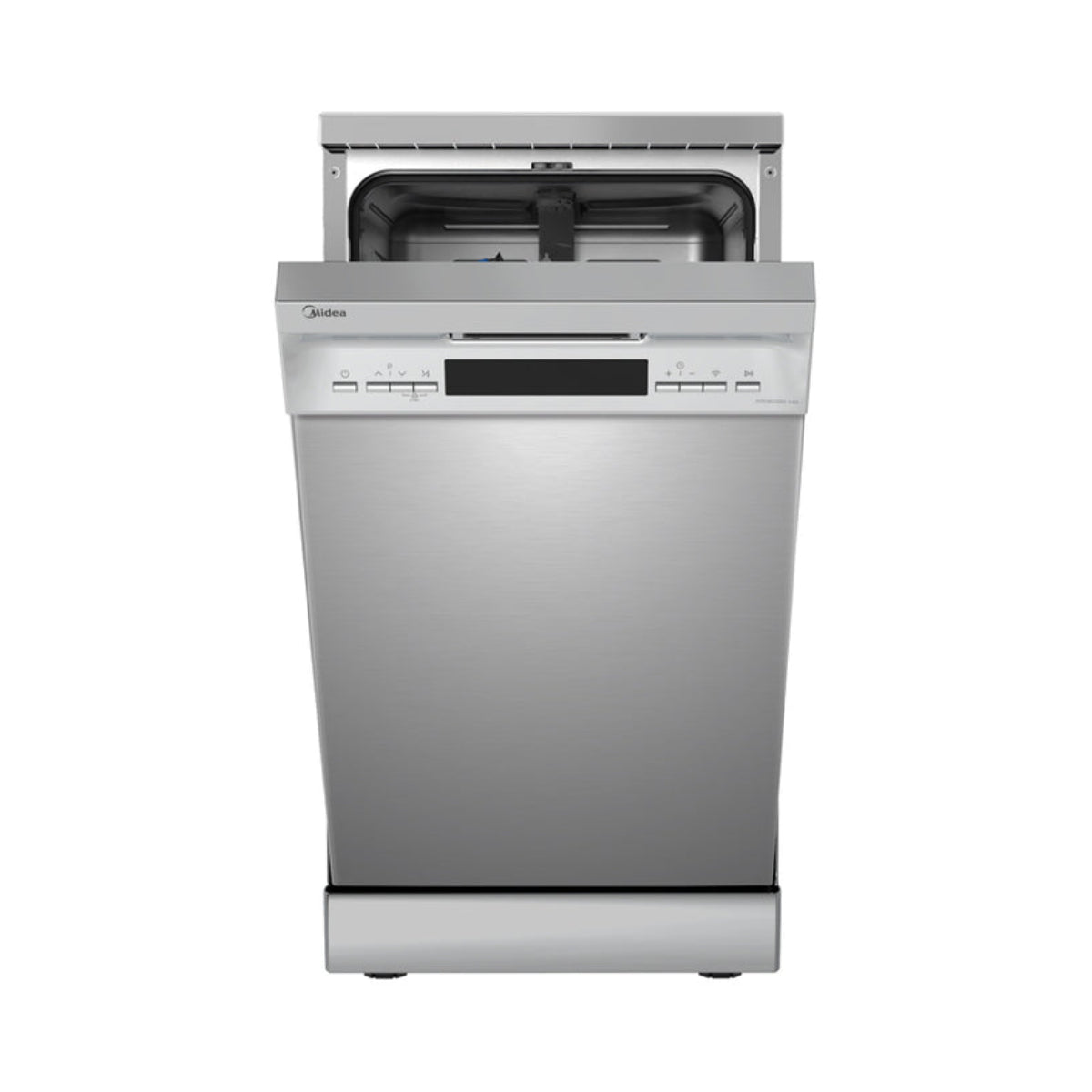 A silver Midea dishwasher with its top open, showing the interior and control panel.