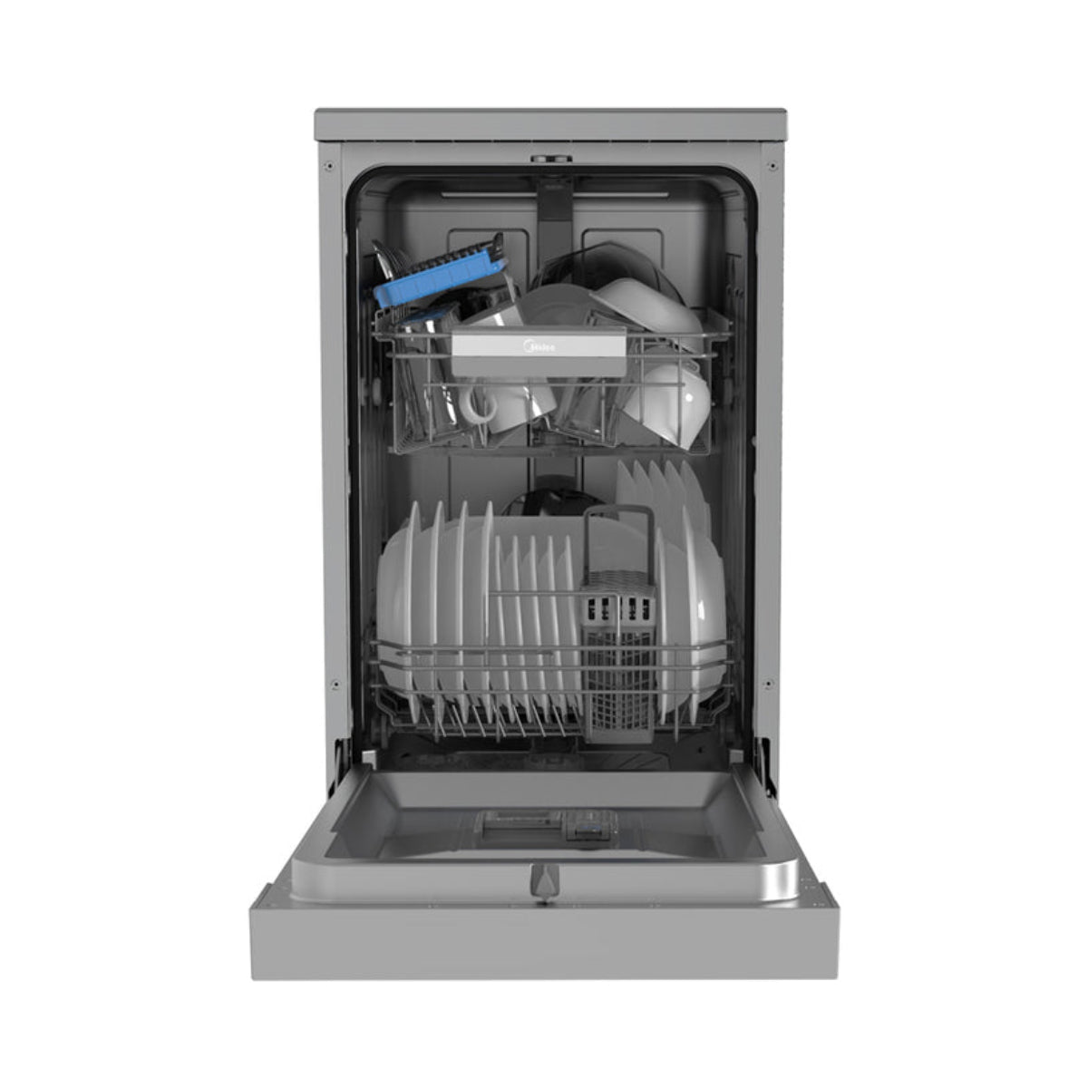 Open dishwasher with two racks filled with dishes and cutlery.