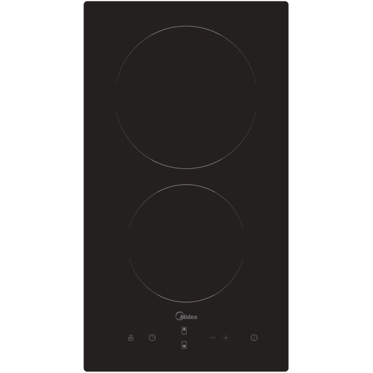 Zwart inductie kookplaat met twee kookzones en Midea logo.