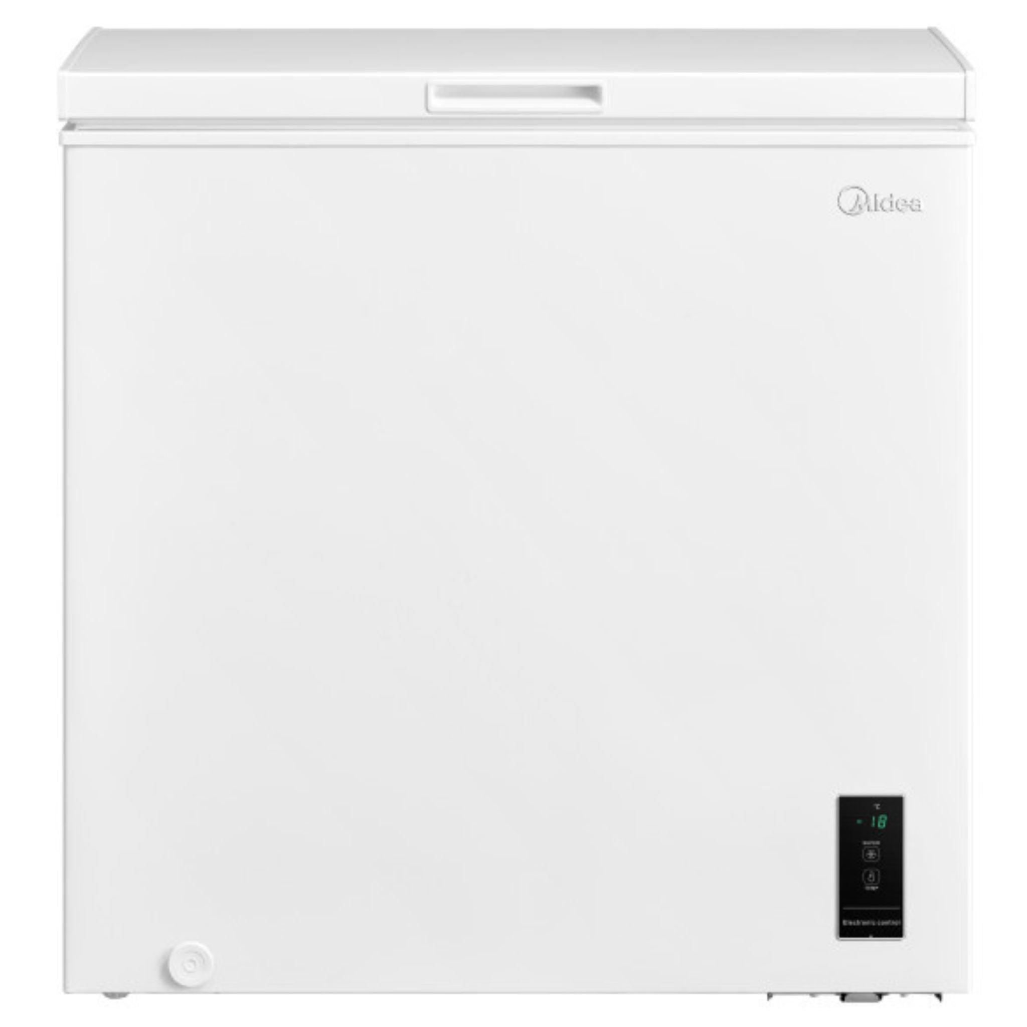 Een witte vrieskist met digitale display en handvat.