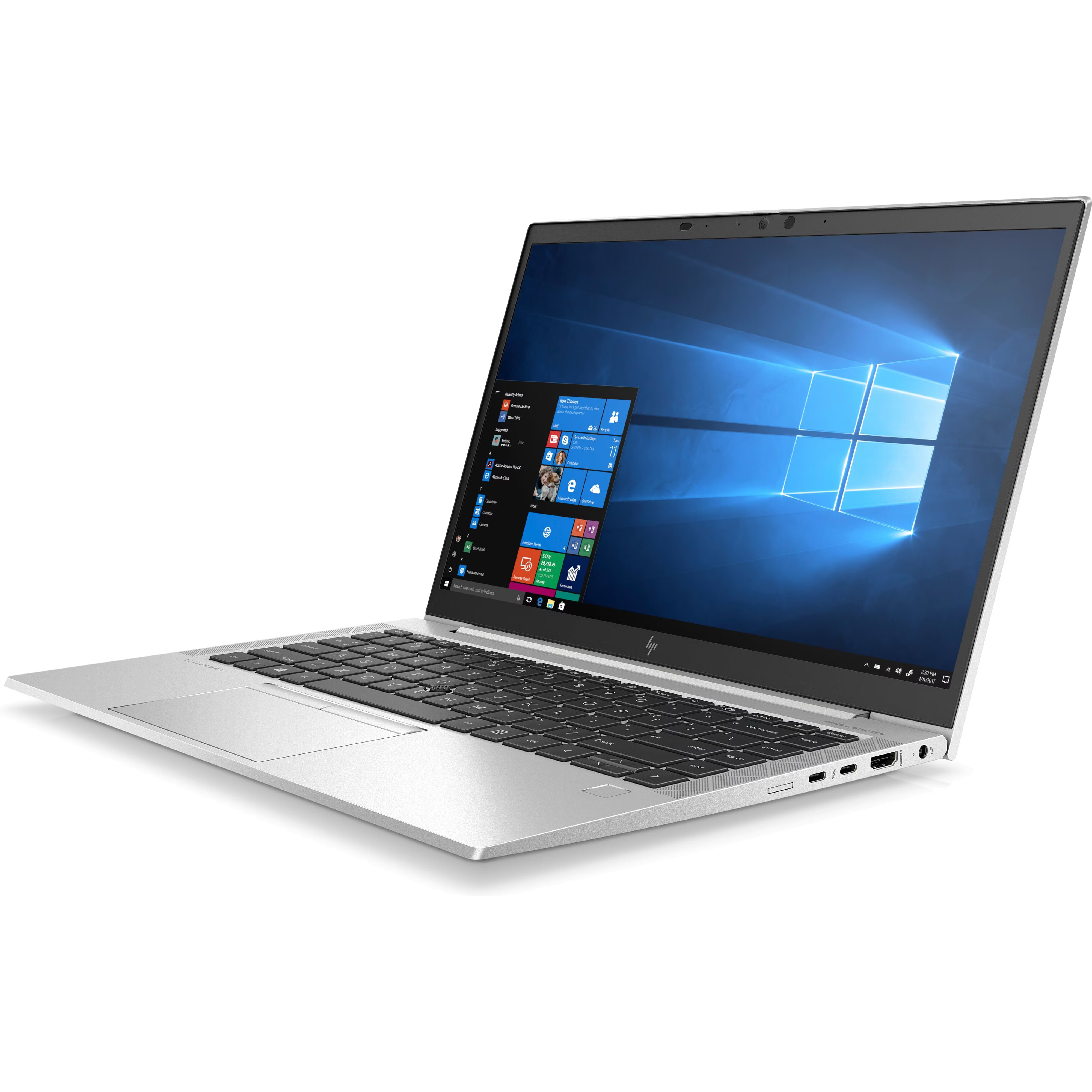Een zilveren laptop met open scherm, waarop Windows wordt weergegeven.
