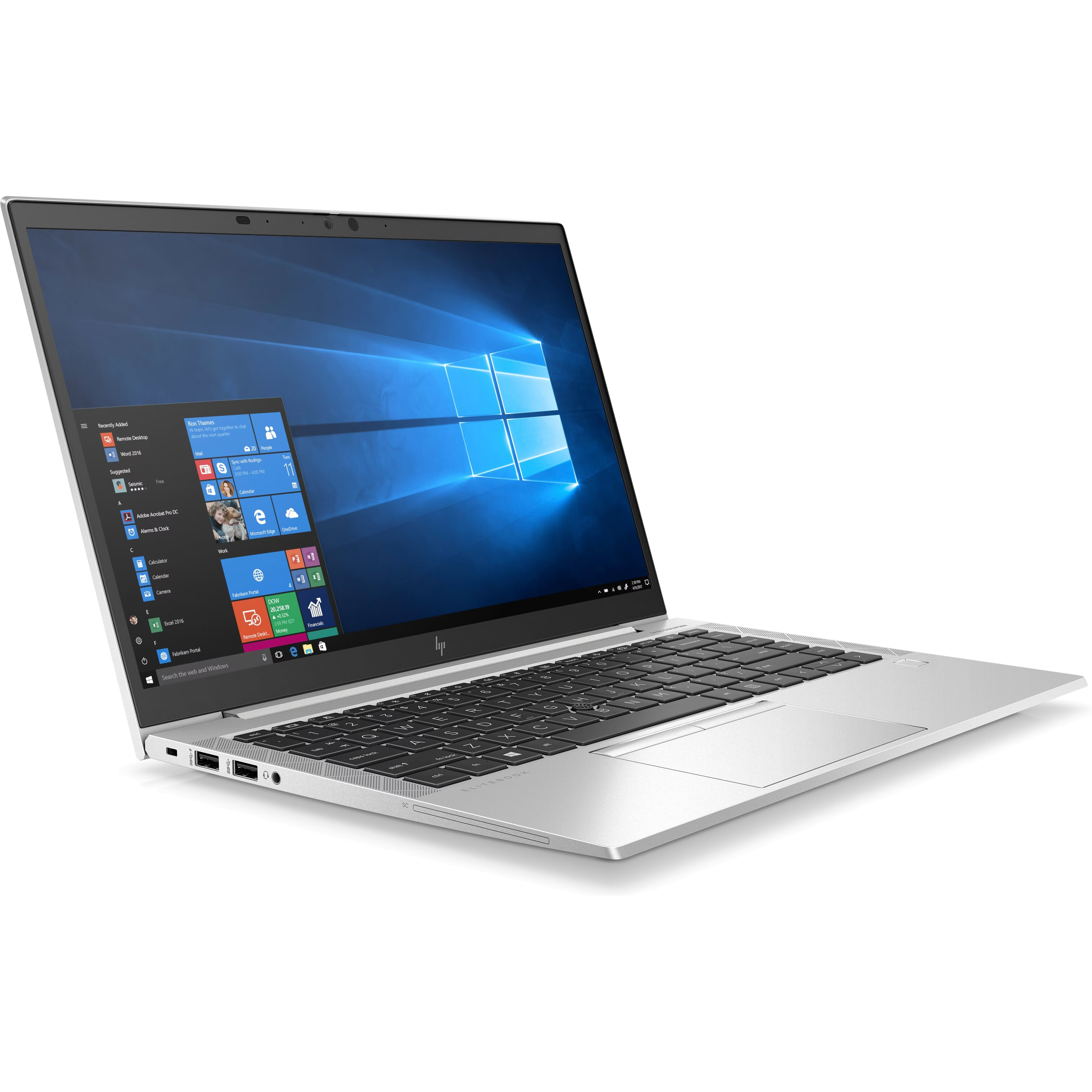 Zilveren laptop met verlicht scherm waarop Windows 10 wordt weergegeven.