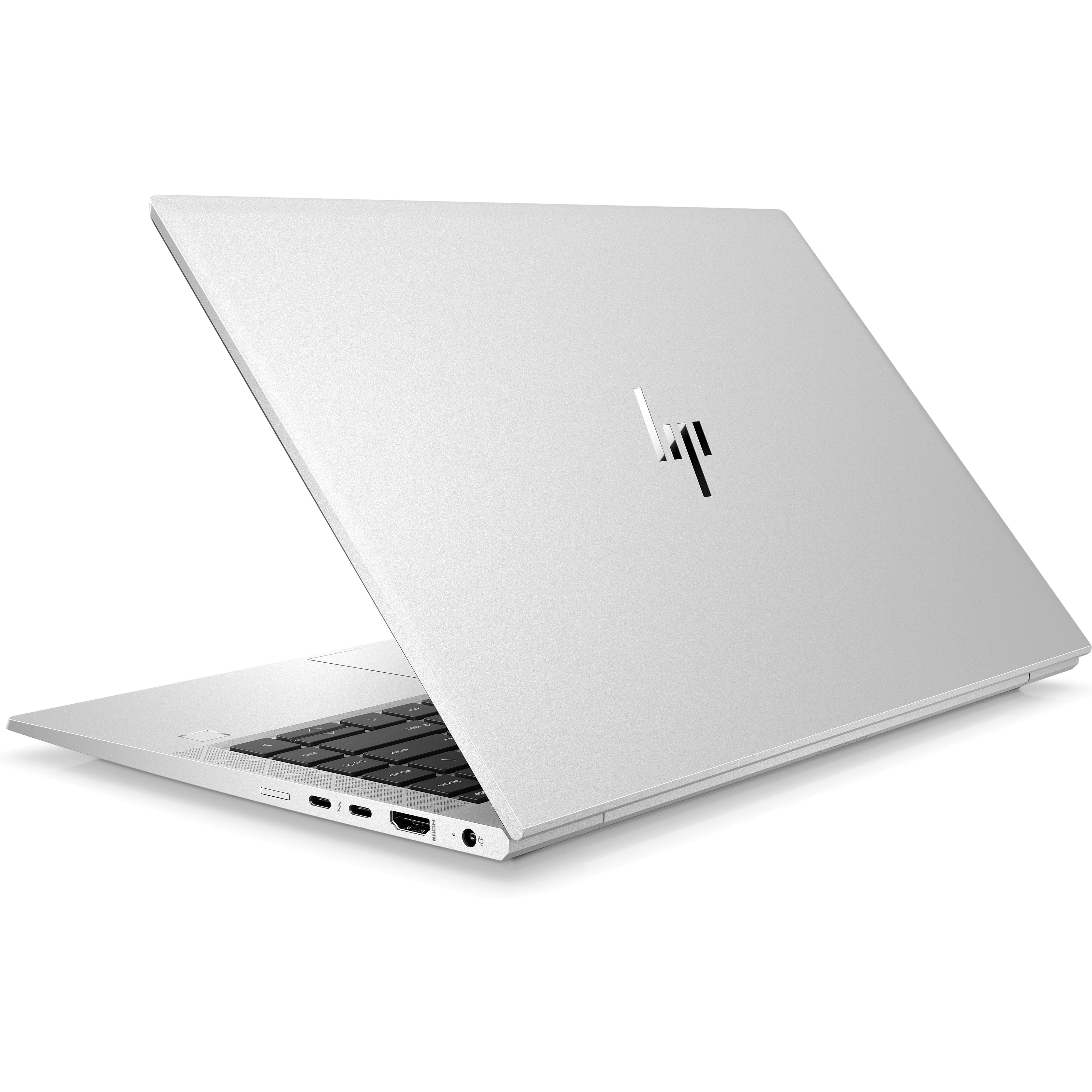 Zilveren laptop met open deksel, met toetsenbord en HP-logo.