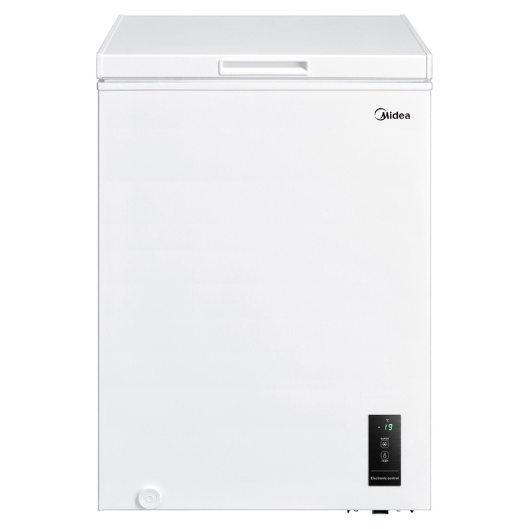 Een witte vrieskist met Midea-logo en digitaal display.