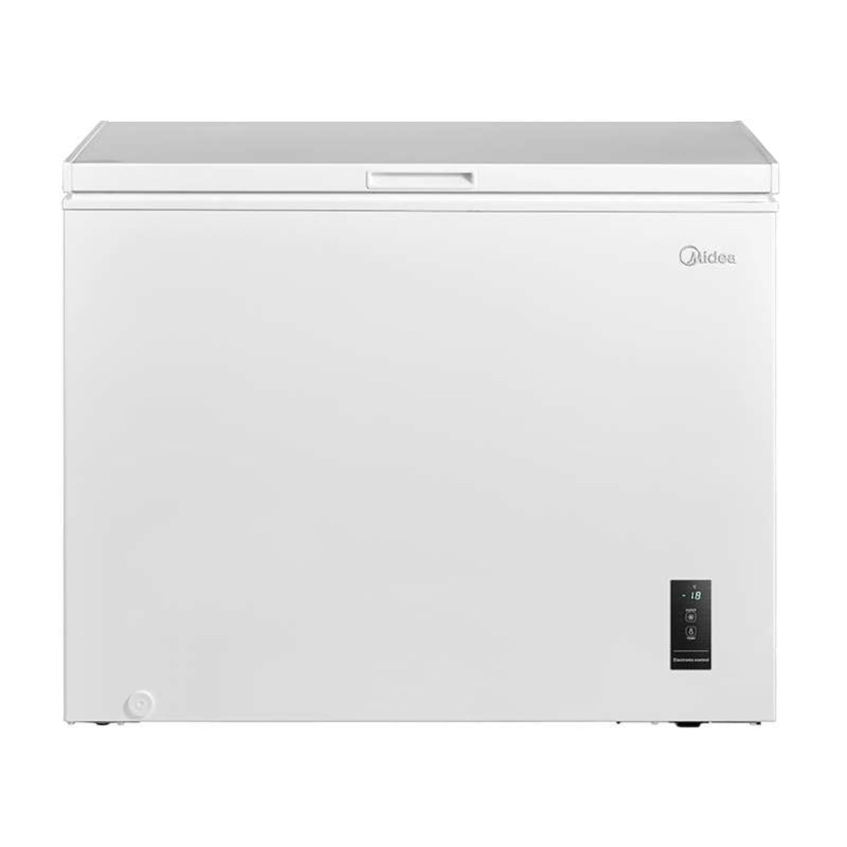 Een witte borstfreezer met een digitaal display en handvat.