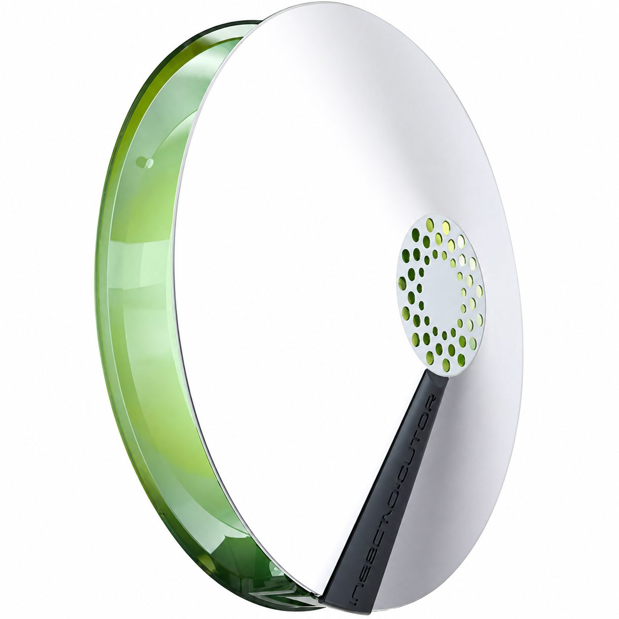 Een ronde, witte insectendoder met een groene behuizing en een zwart handvat.