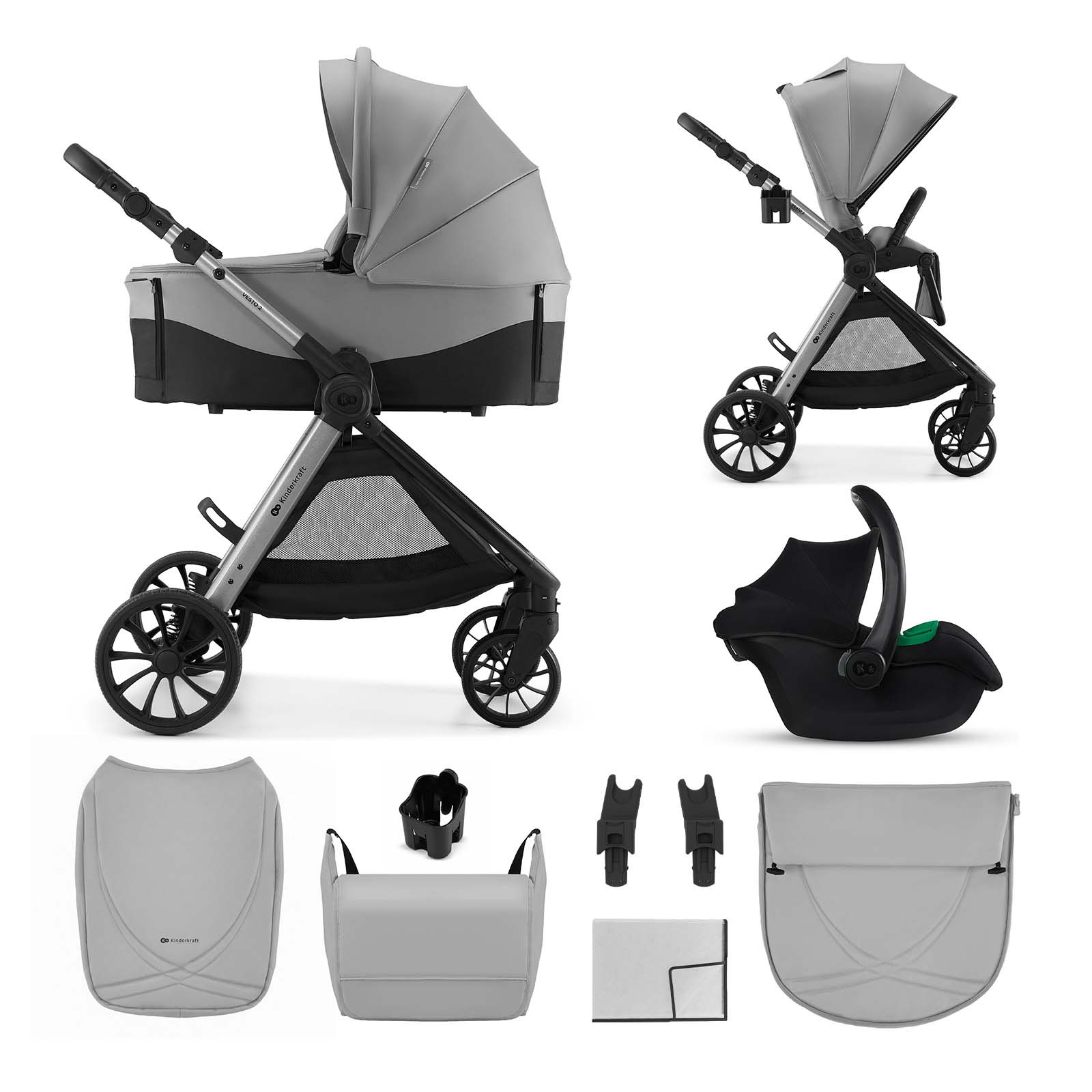 Grauer Kinderwagen mit Zubehör: Babywanne, Autositz, Beineinsatz, Tasche.