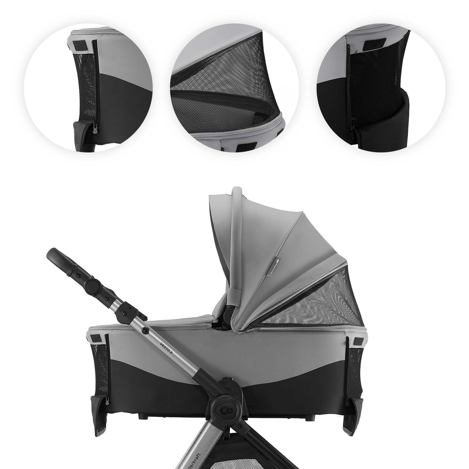 Grauer Kinderwagen mit verstellbarem Griff und Netzbelüftung.