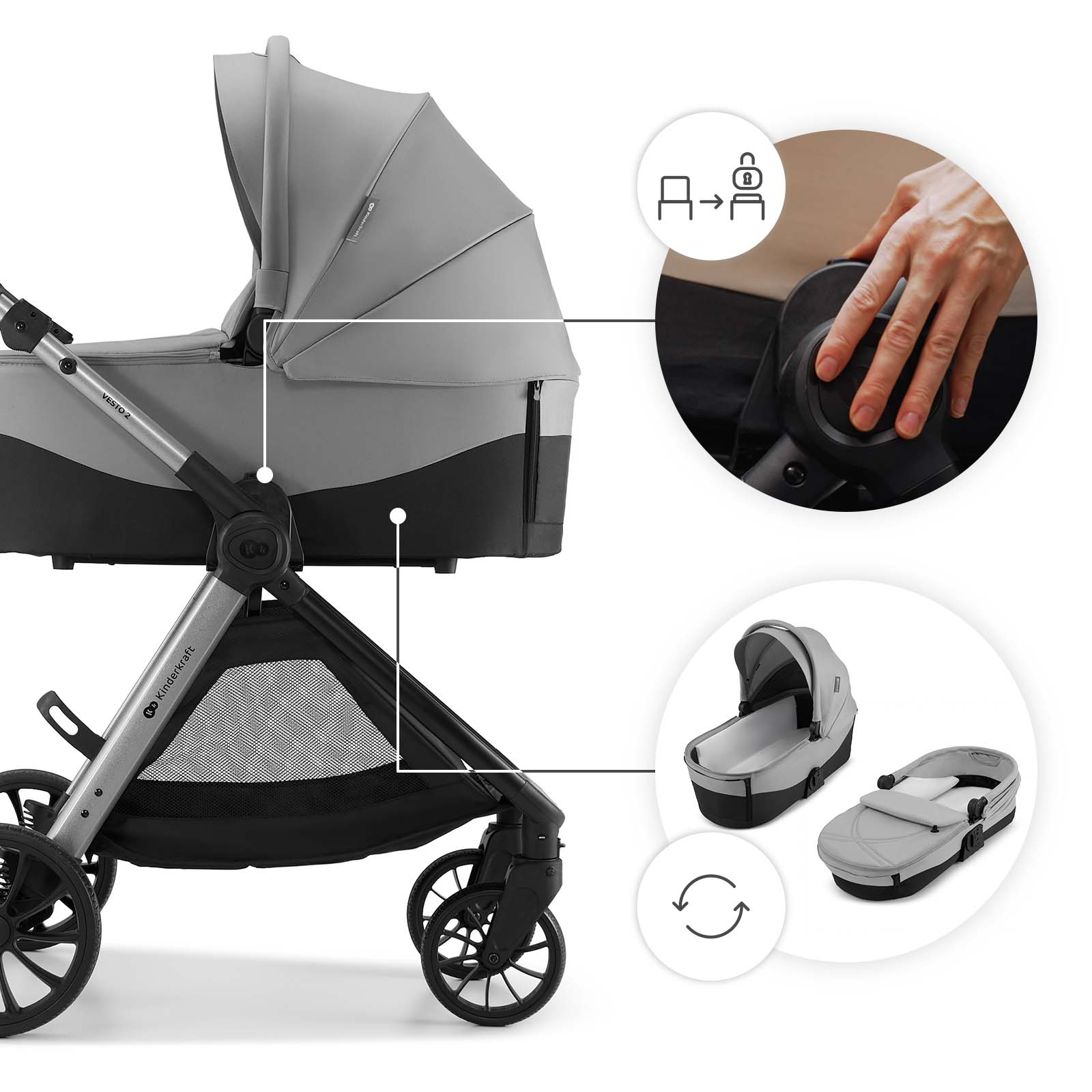 Grauer Kinderwagen mit abnehmbarer Babywanne und Verstellmechanismus.