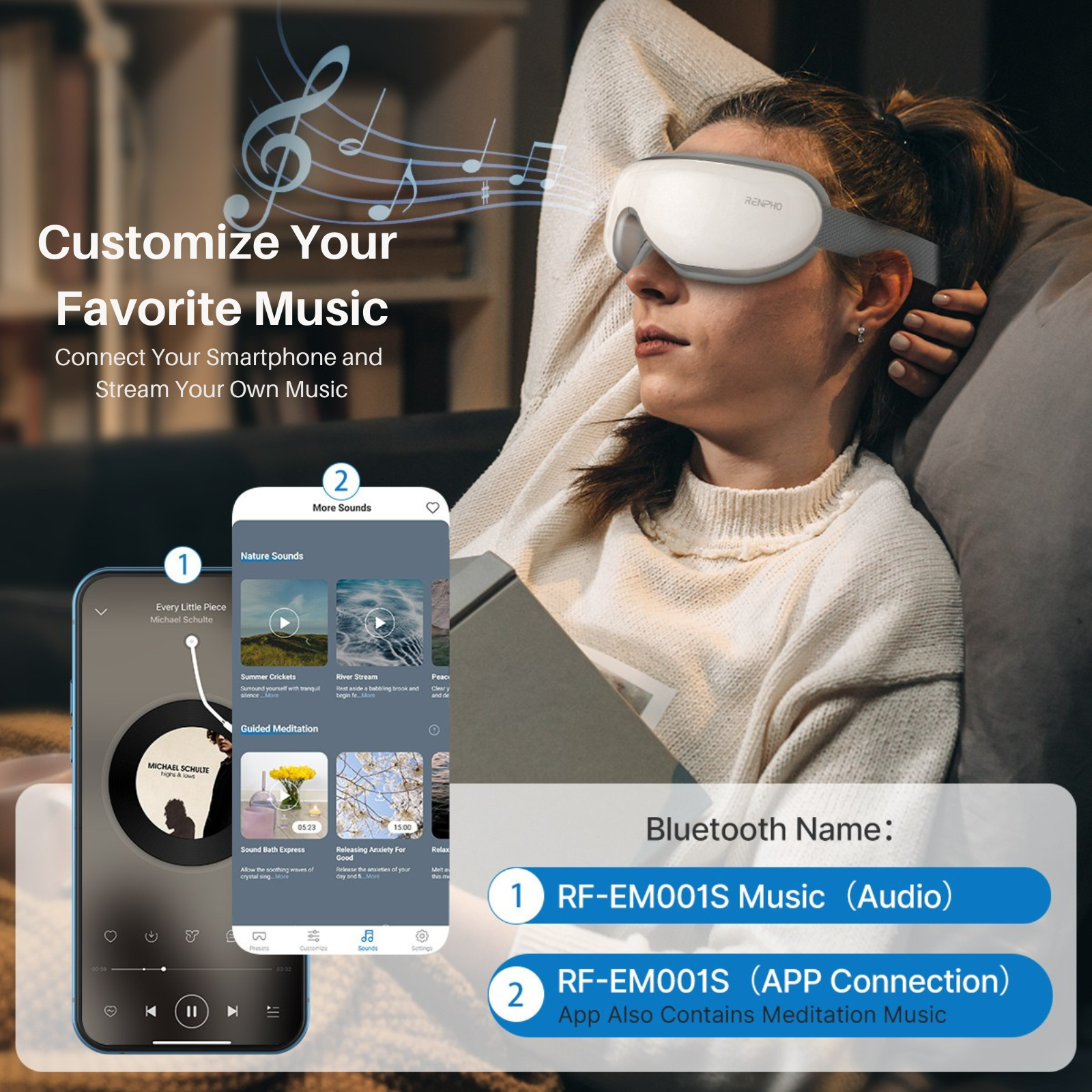 Eine Frau mit einer Augenmaske hört Musik von ihrem Handy, das eine Meditations-App anzeigt.