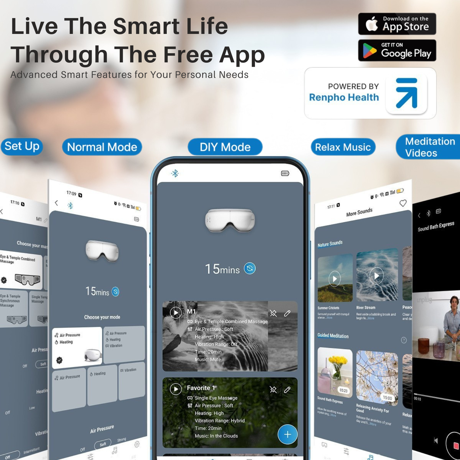 App-Screens zeigen Massagegeräteeinstellungen, Naturgeräusche und Meditationen.