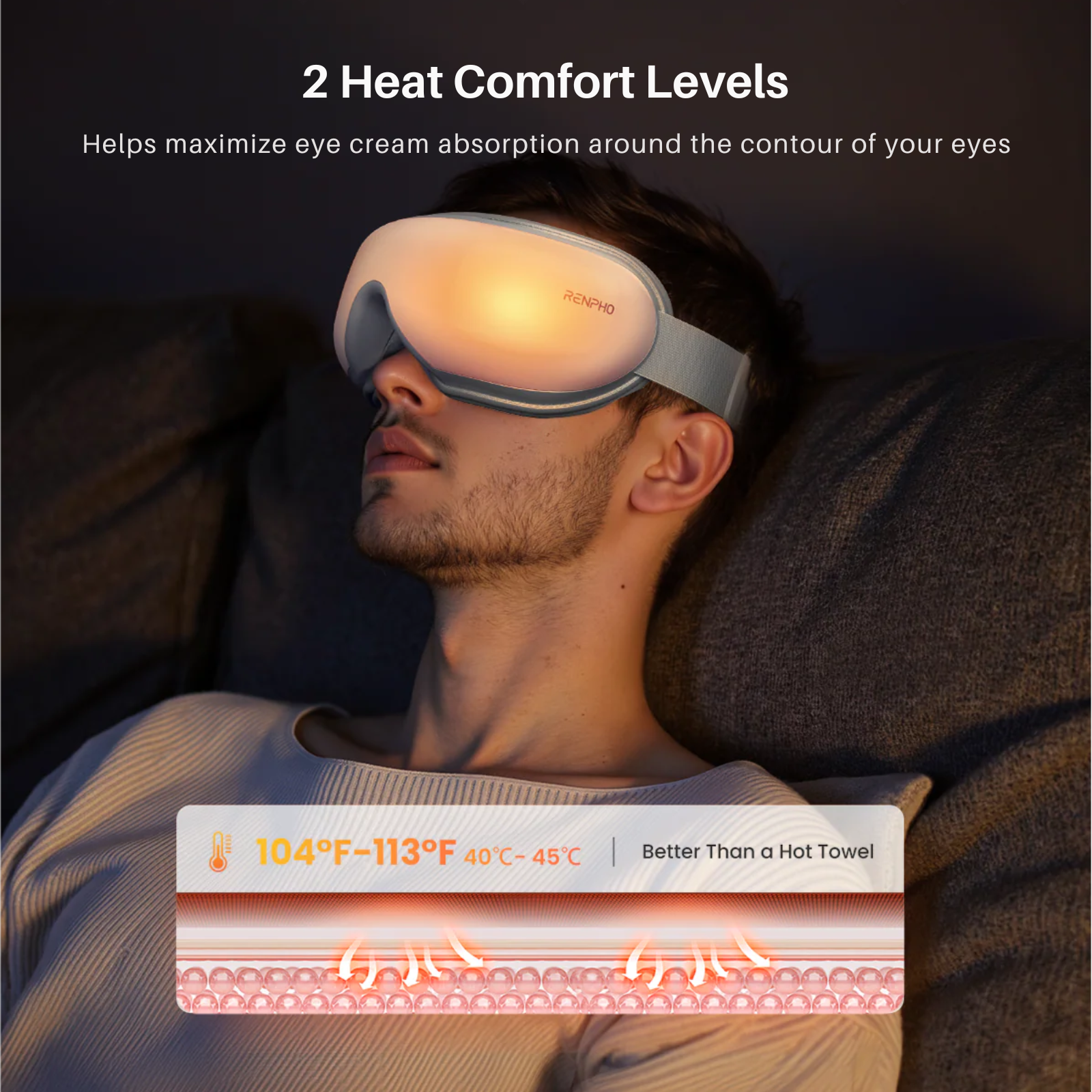 Mann mit RENPHO Augenmaske, 104-113°F, besser als ein heißes Handtuch.