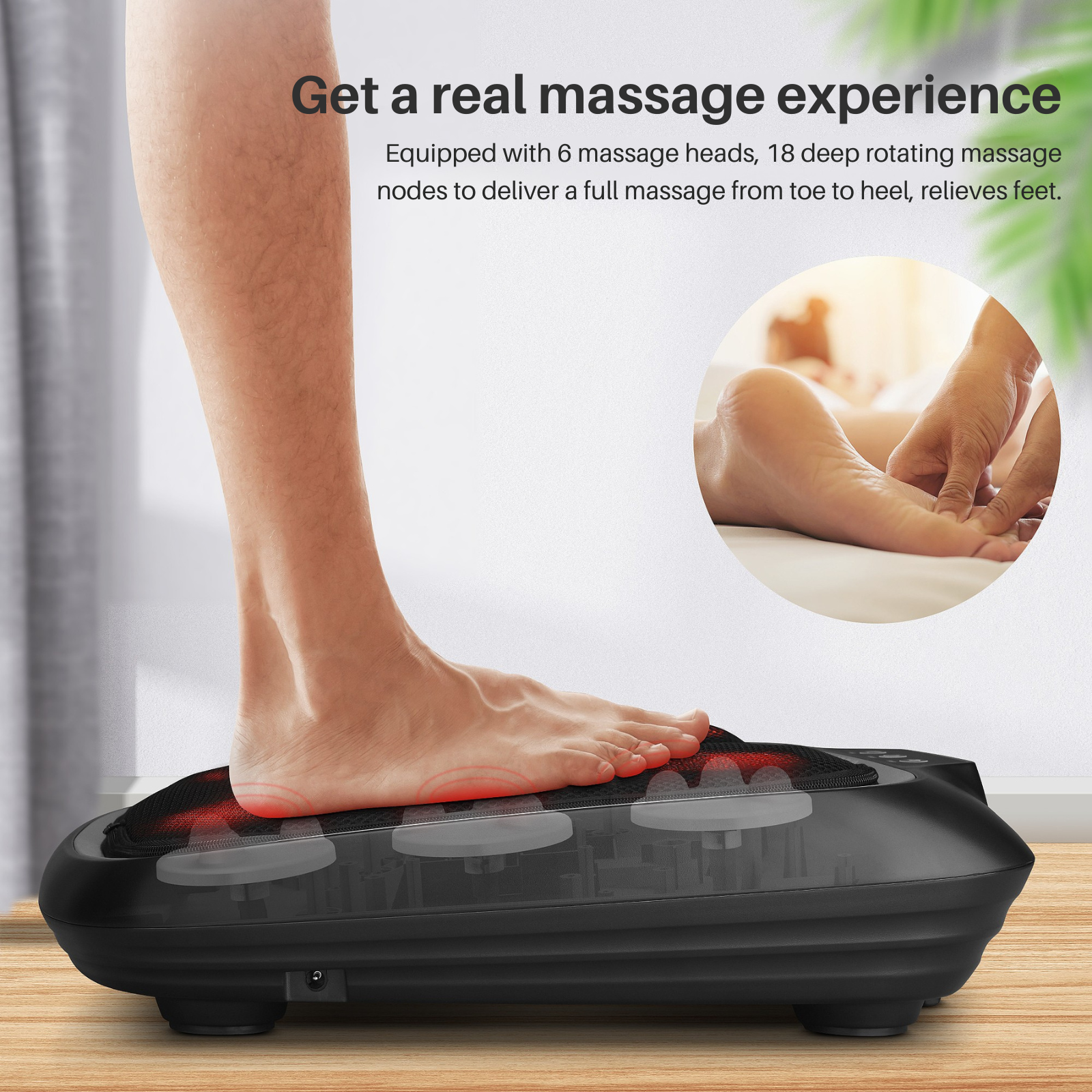 Fußmassagegerät mit rotierenden Köpfen und roten Glanzlichtern, die die Füße massieren.