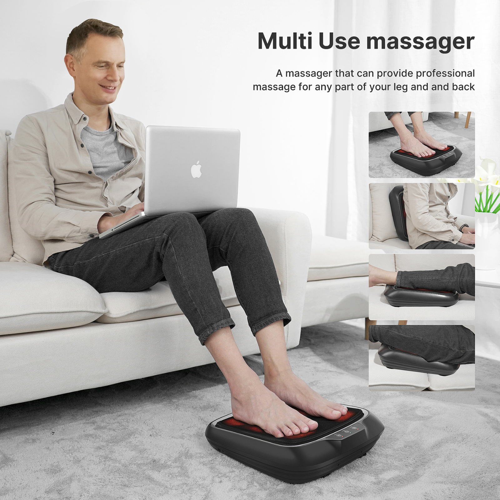 Mann sitzt auf Sofa mit Laptop, Füße auf schwarzem Fußmassagegerät mit roten Lichtern.