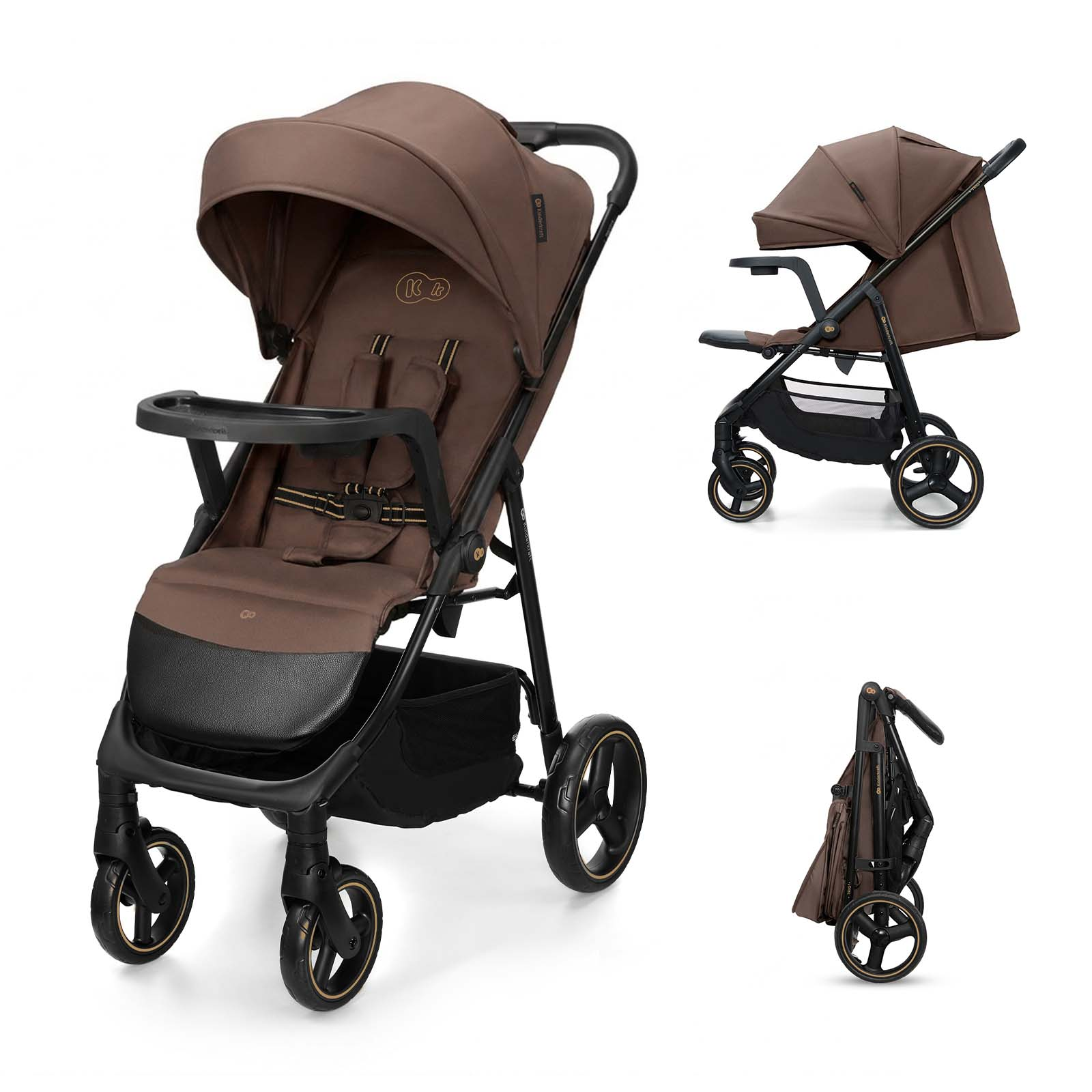 Ein brauner Kinderwagen in drei Ansichten: geöffnet, von der Seite und zusammengeklappt.