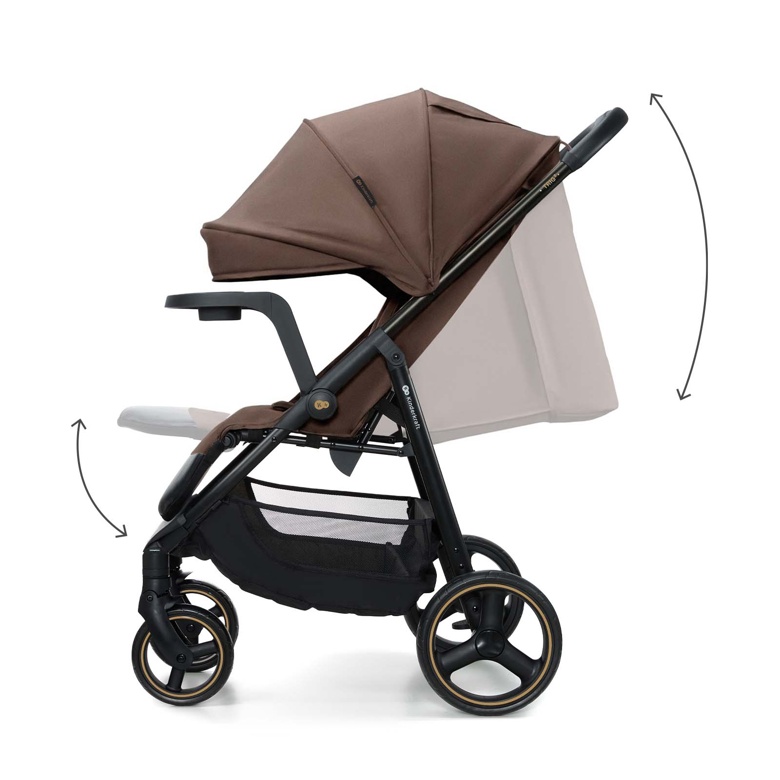 Brauner Kinderwagen mit schwarzem Gestell, verstellbarem Verdeck und Ablage.