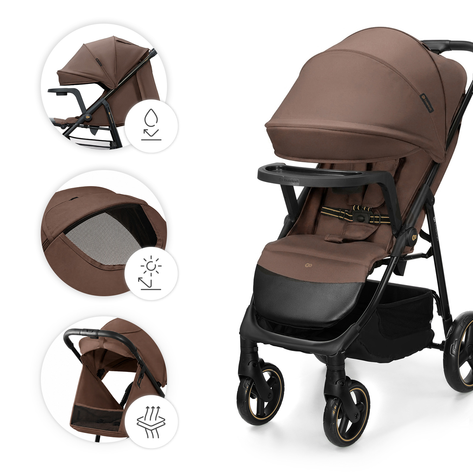 Brauner Kinderwagen mit Sonnendach, verstellbarem Griff und Aufbewahrungskorb.