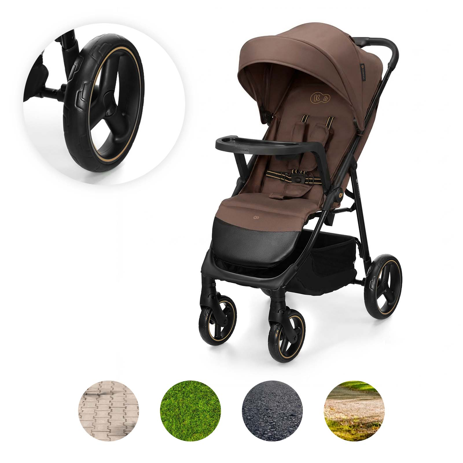 Ein brauner Kinderwagen mit Tablett, Sitz und Verdeck. Nahaufnahme von Rad und Oberflächenproben.