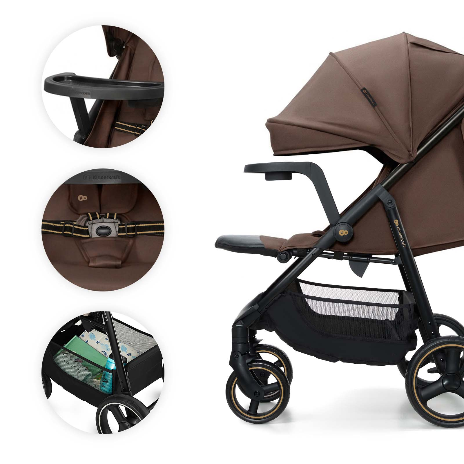 Brauner Kinderwagen mit abnehmbarer Ablage, Sicherheitsgurt und Aufbewahrungskorb.