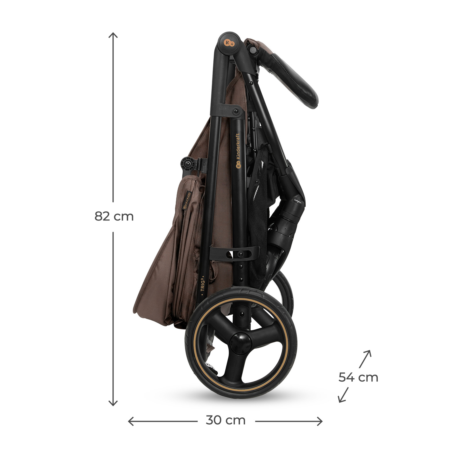 Brauner, zusammengeklappter Kinderwagen mit schwarzen Rädern und Griff.