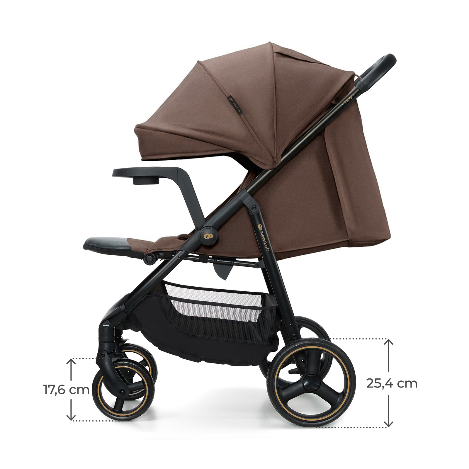 Brauner Kinderwagen mit schwarzem Rahmen, Sitz und Aufbewahrungstasche.