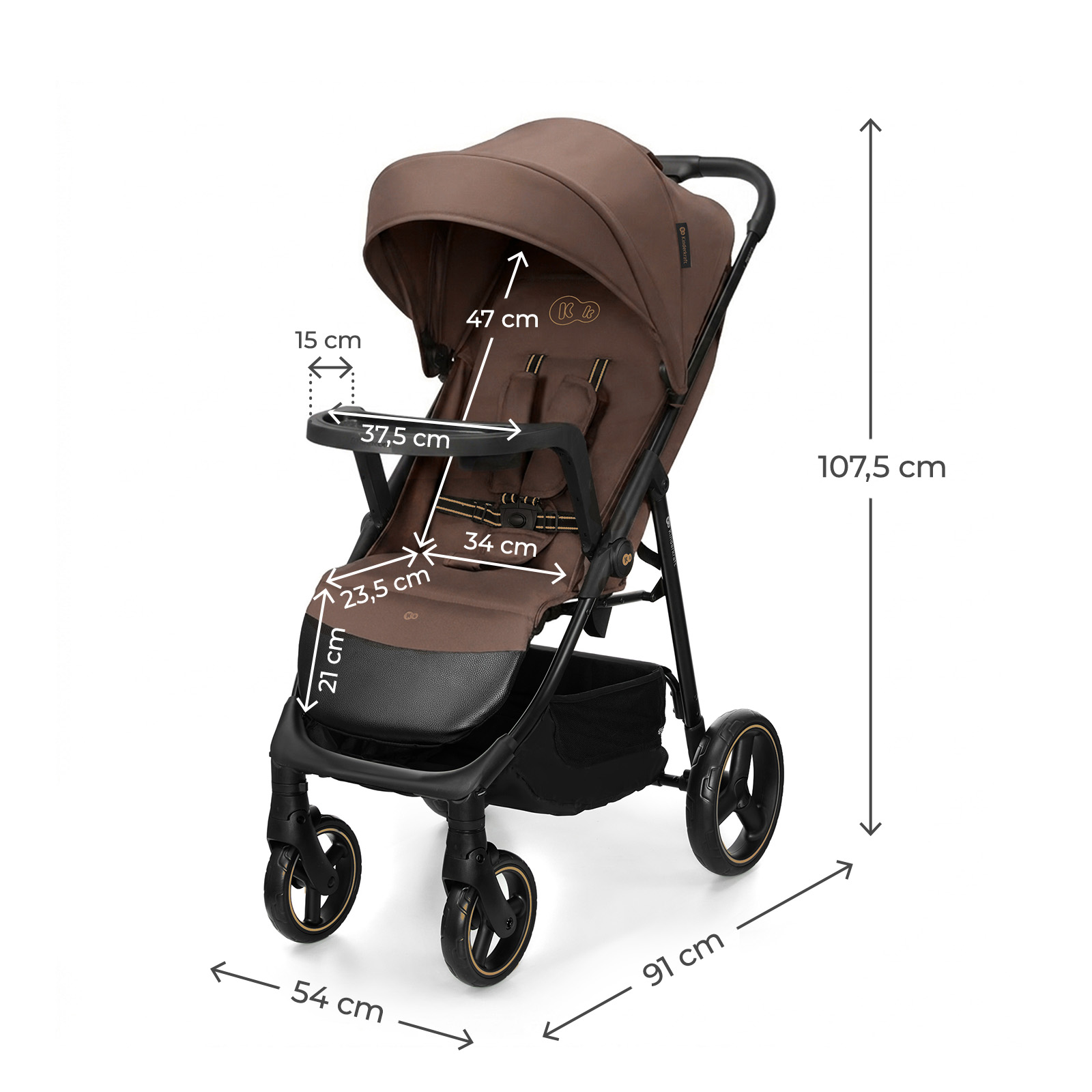 Ein brauner Kinderwagen mit Maßen, Rädern und einem Einkaufskorb.