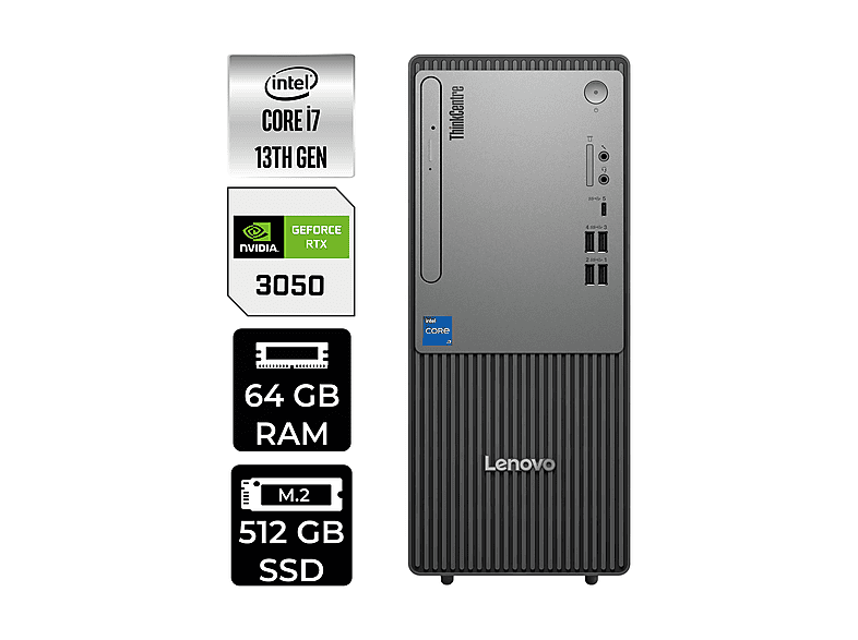 LENOVO ThinkCentre Neo 50T RTX3050 6GB 12UB000HTRP493 PER4 Bellek Intel Core i7-13700 64 GB RAM 512 GB SSD FreeDOS Masaüstü Bilgisayar