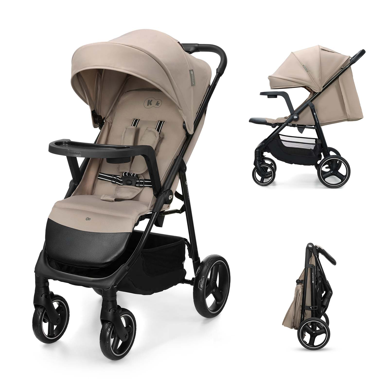 Ein beiger Kinderwagen mit schwarzem Gestell und Tablett, zusammengeklappt und von der Seite.