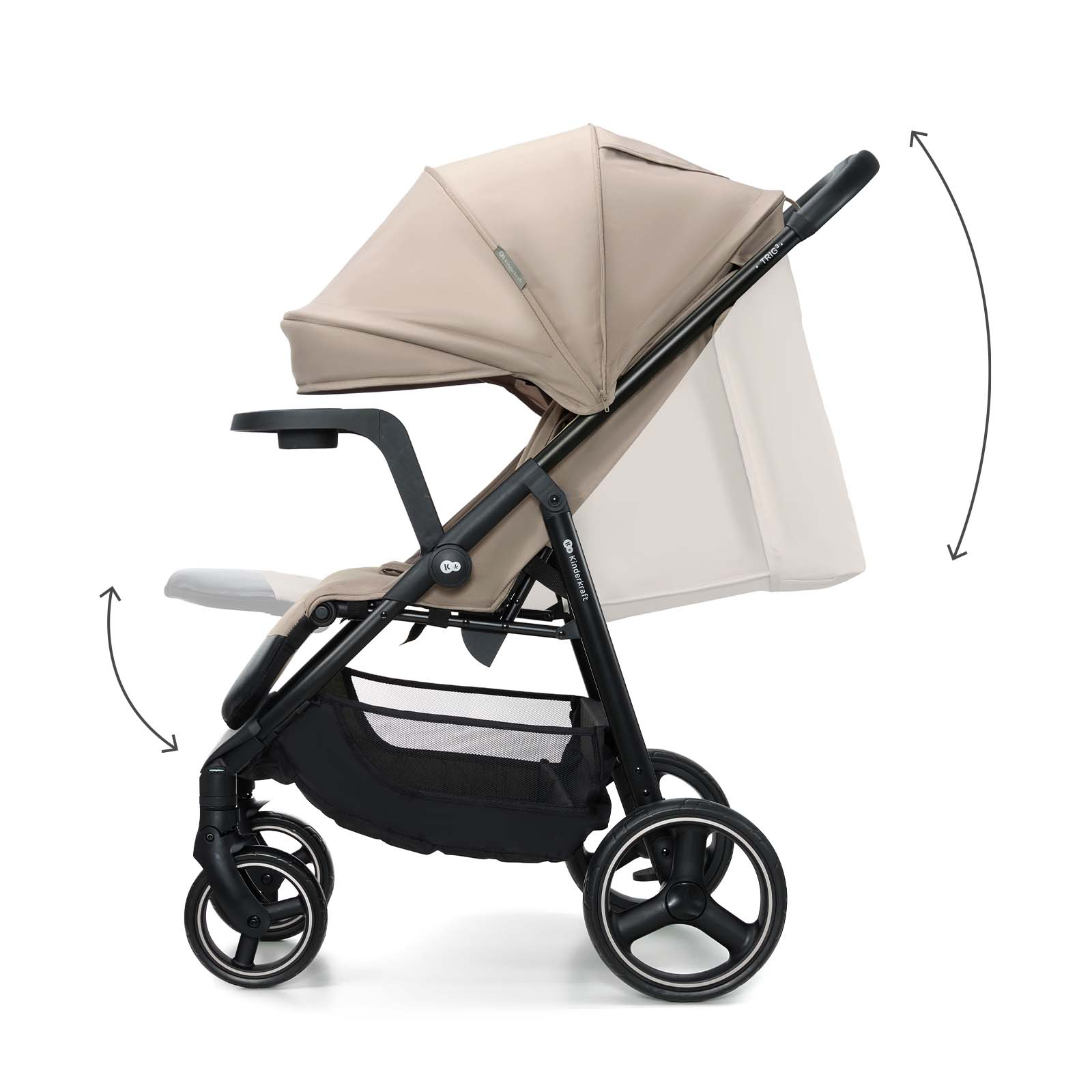 Ein beiger Kinderwagen mit schwarzem Gestell und Aufbewahrungskorb.