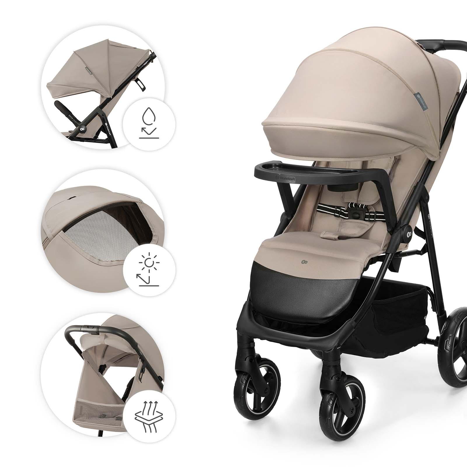 Ein beiger Kinderwagen mit schwarzen Akzenten und abnehmbarem Tablett. Merkmale: Verdeck.