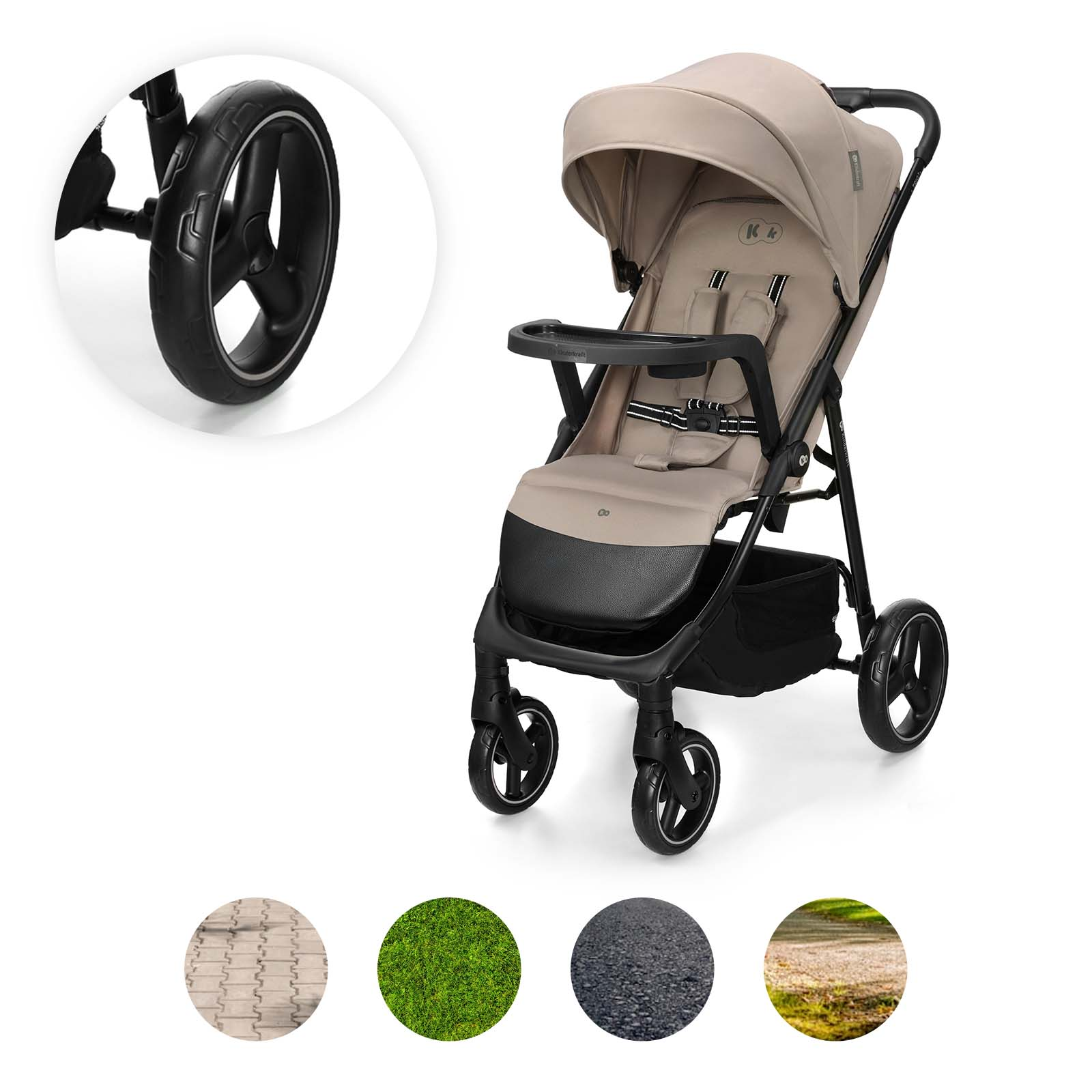 Ein beiger Kinderwagen mit schwarzem Gestell, Sitz und Radkappen.