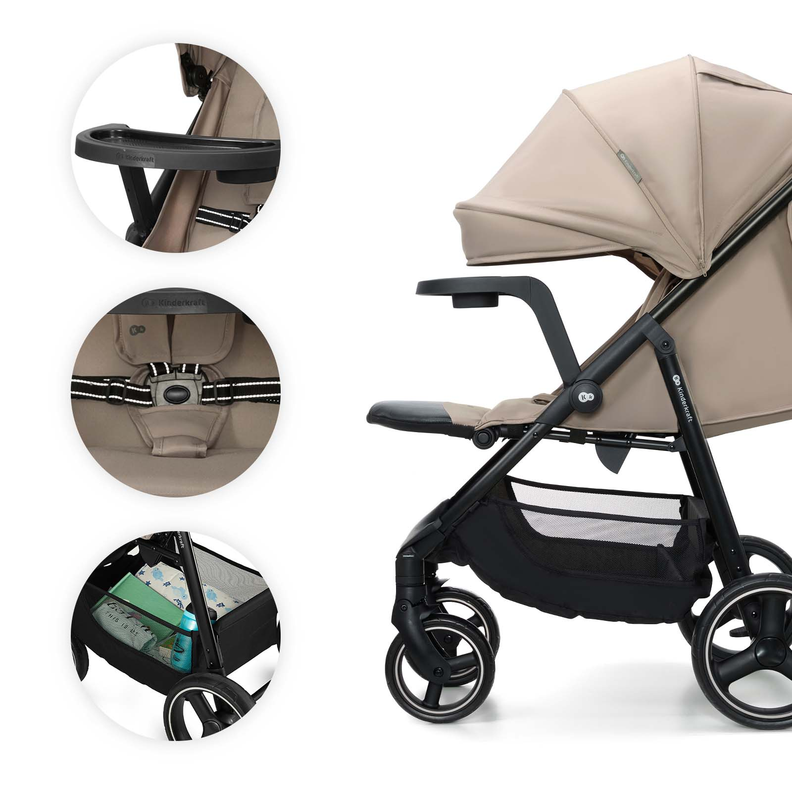 Ein beiger Kinderwagen mit abnehmbarer Ablage, Sicherheitsgurt und Aufbewahrungskorb.