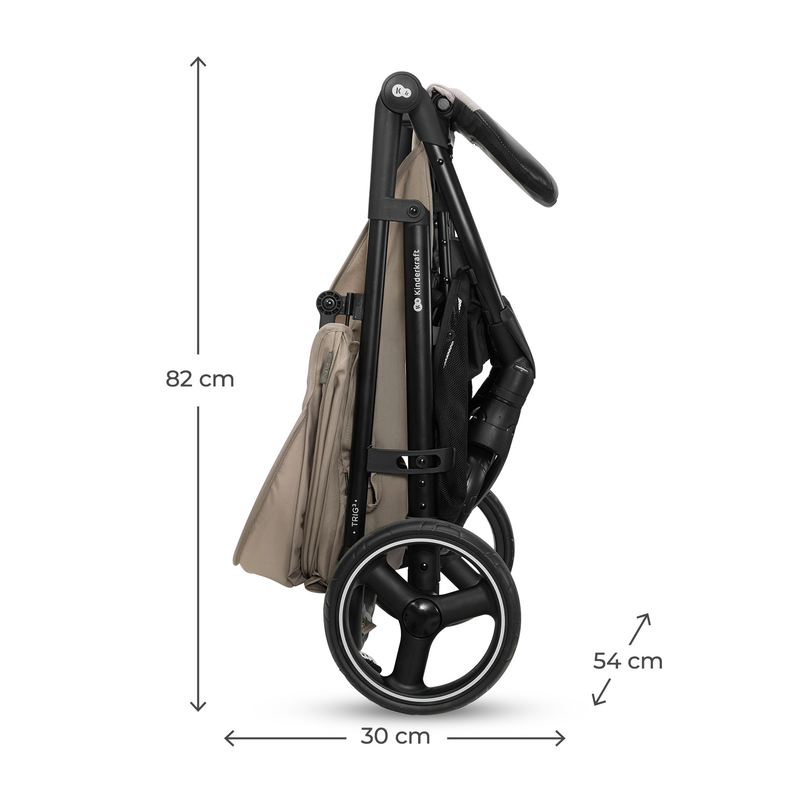Ein zusammengeklappter Kinderwagen in Beige und Schwarz mit Maßen.