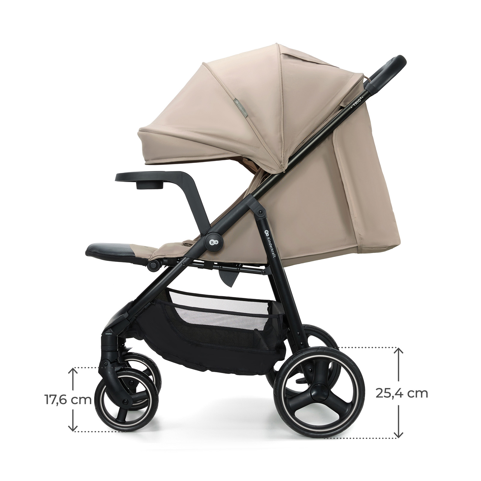 Beiger Kinderwagen mit schwarzem Gestell, Sitz und Verdeck.