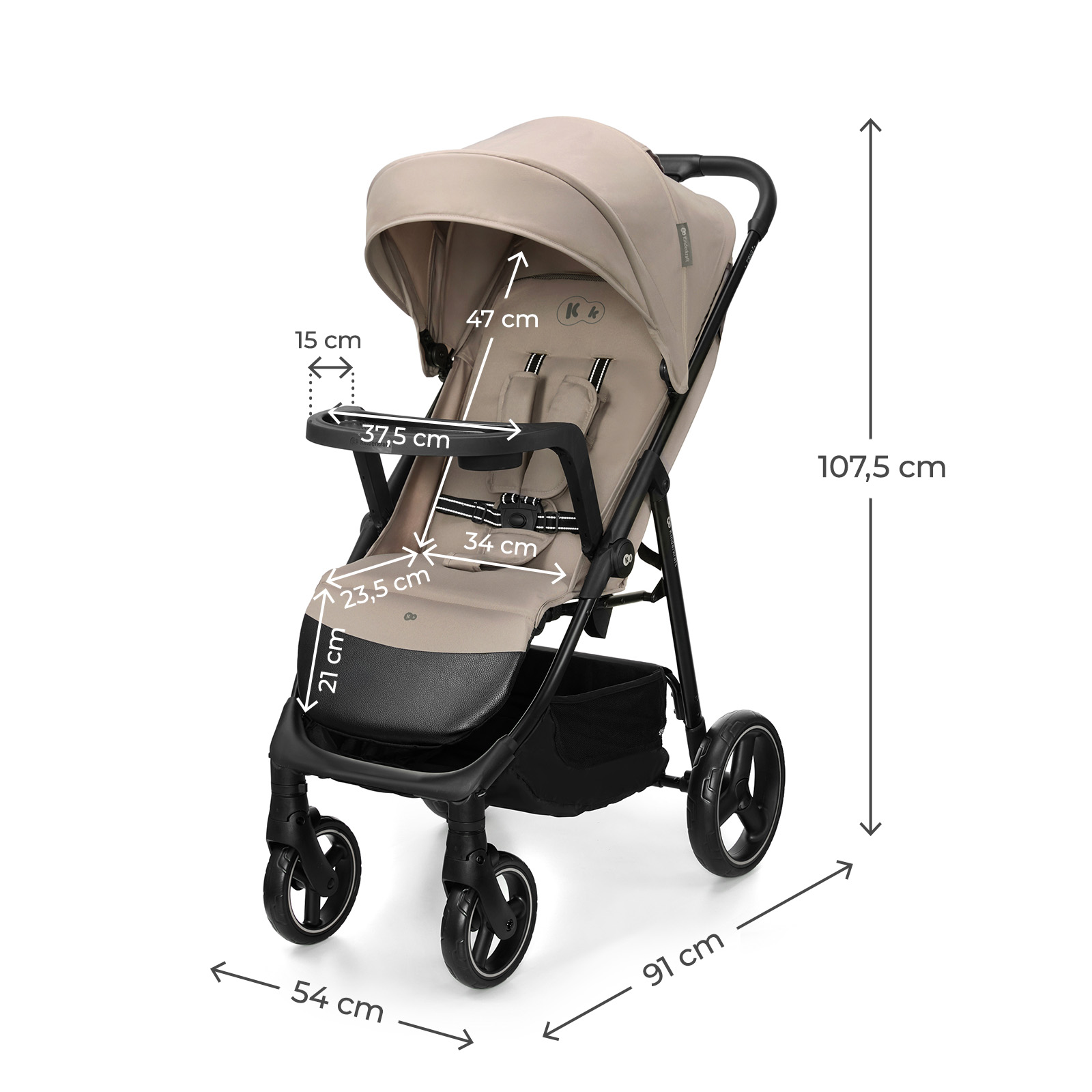 Ein beiger Kinderwagen mit schwarzen Akzenten, Maße sind angegeben.