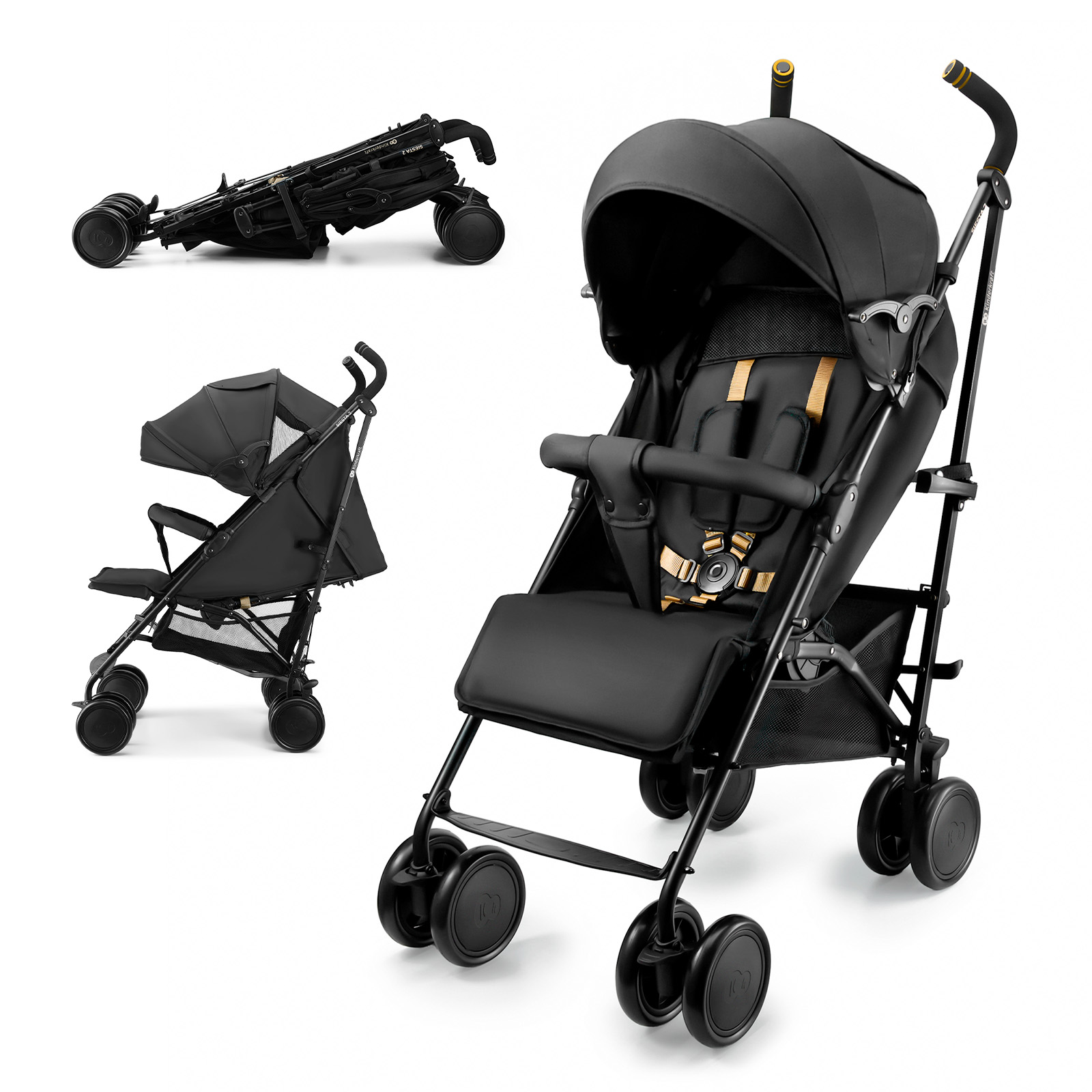 Ein schwarzer Kinderwagen mit Verdeck und Gurten, teilweise zusammengeklappt.