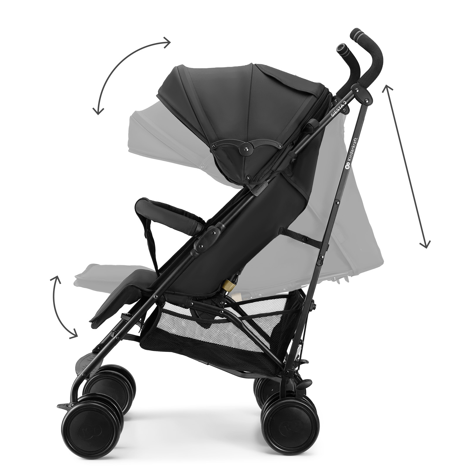 Schwarzer Kinderwagen mit verstellbarem Verdeck und Fußstütze.