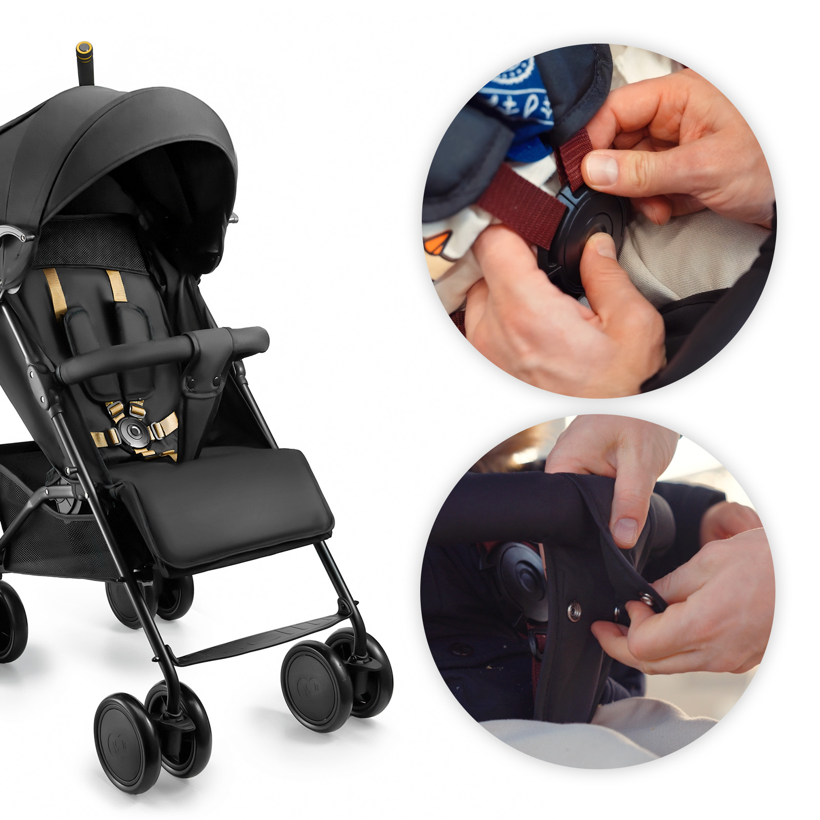 Schwarzer Kinderwagen mit Nahaufnahmen von Gurten und Griff.