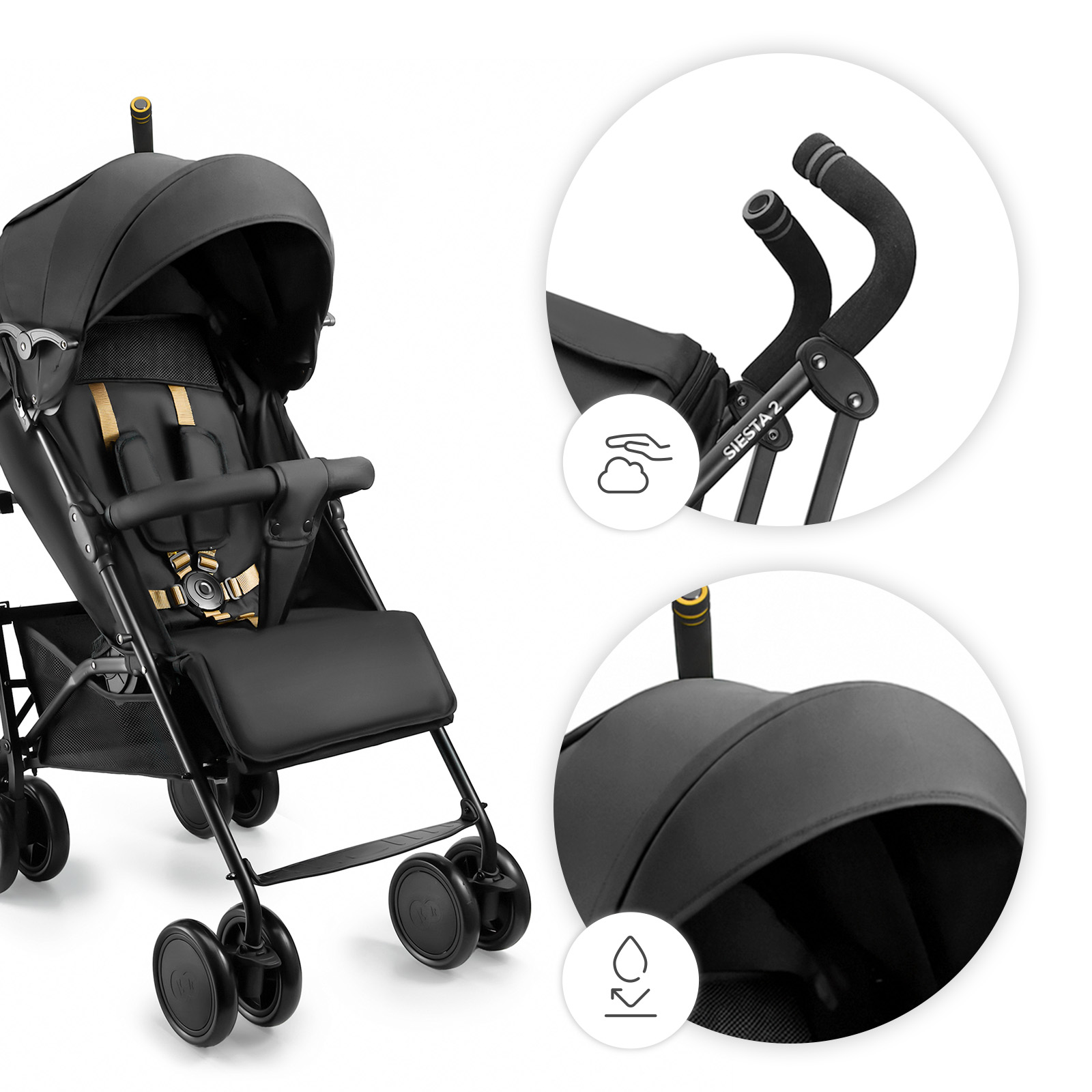 Schwarzer Kinderwagen mit verstellbarem Verdeck, Sicherheitsgurt und Griffen.
