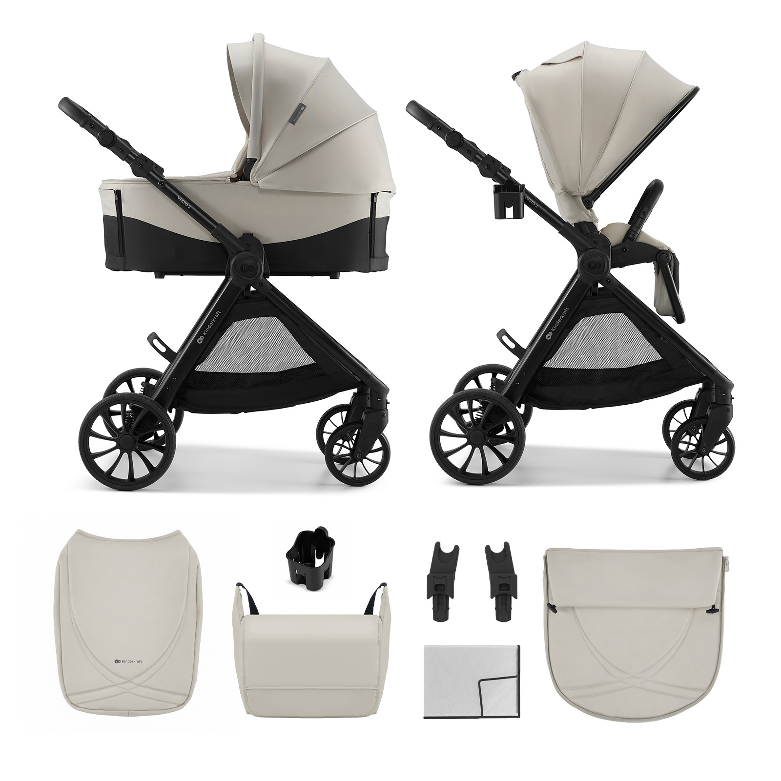 Beiger und schwarzer Kinderwagen mit Babywanne und Sitz. Zubehör inklusive.