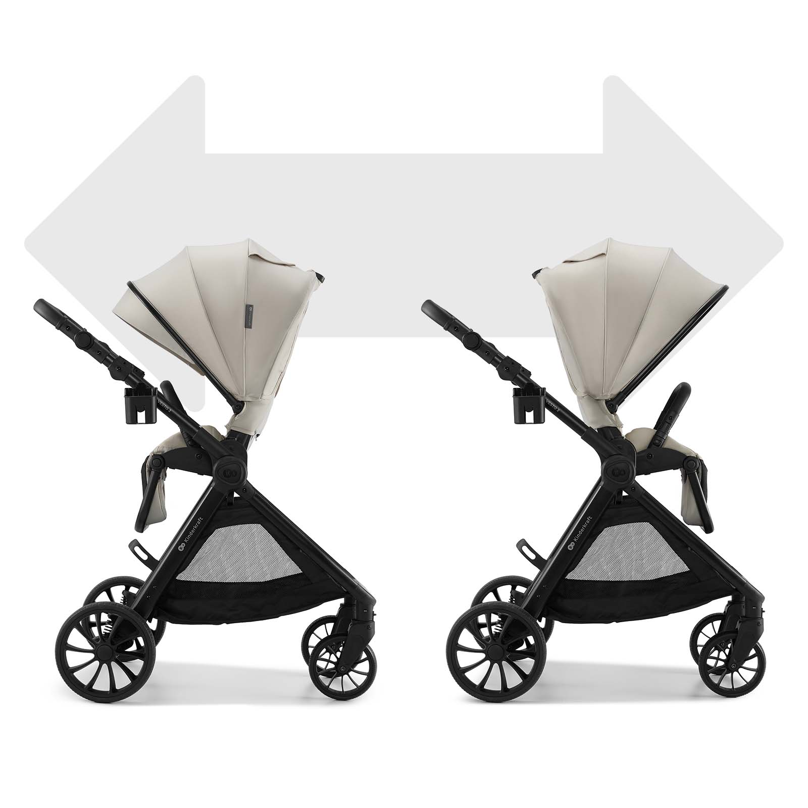 Zwei identische Kinderwagen nebeneinander, beide in Beige und Schwarz.