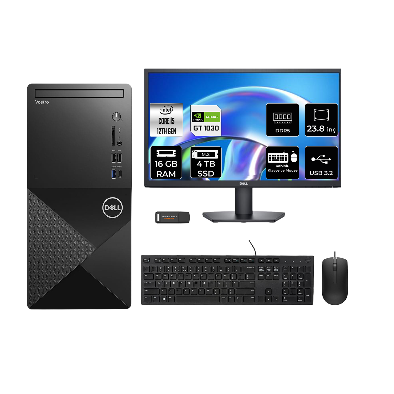 Siyah Dell Vostro masaüstü, monitör, klavye, fare ve USB bellek.