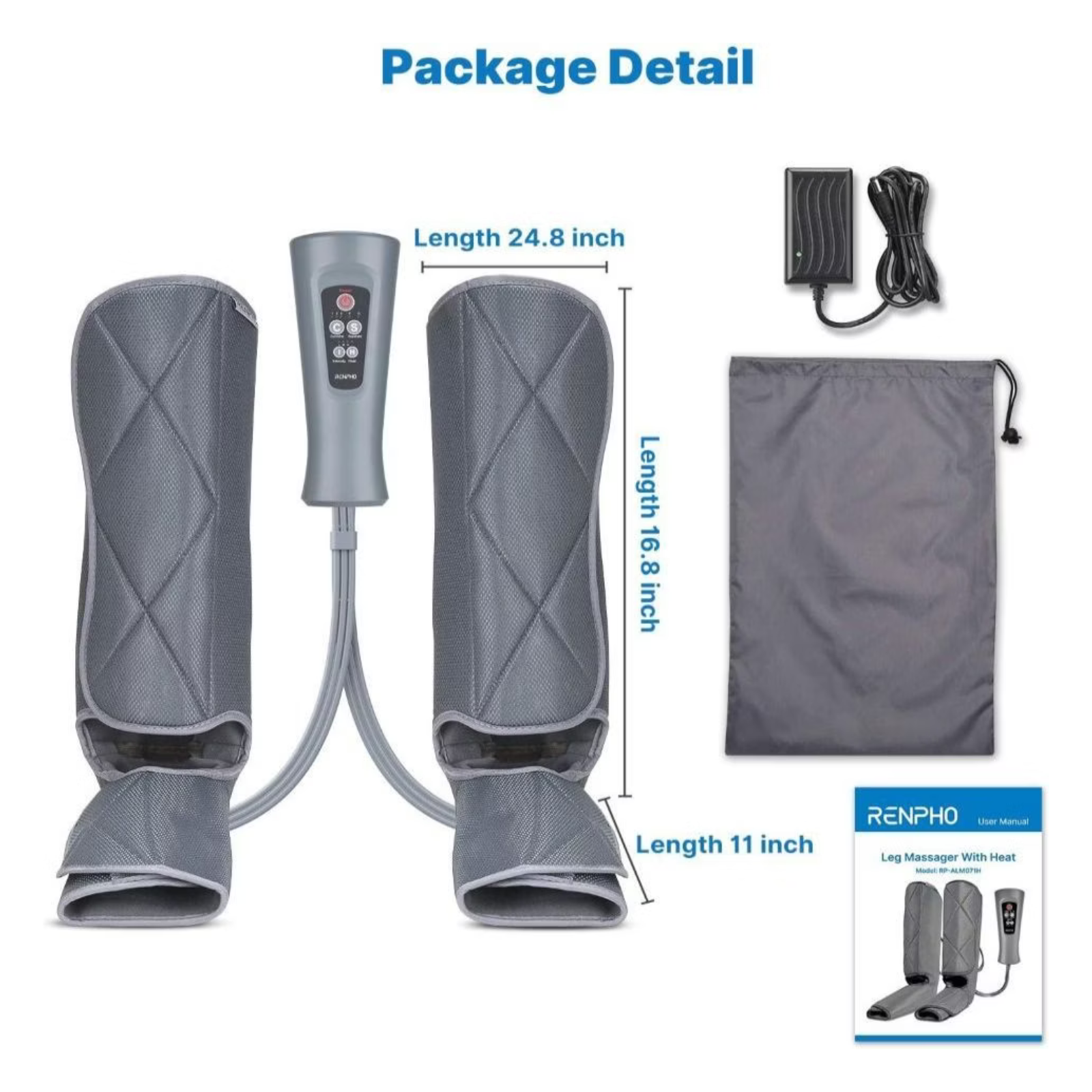 Grauer Beinmassagegerät-Set mit Controller, Netzteil und Tasche.