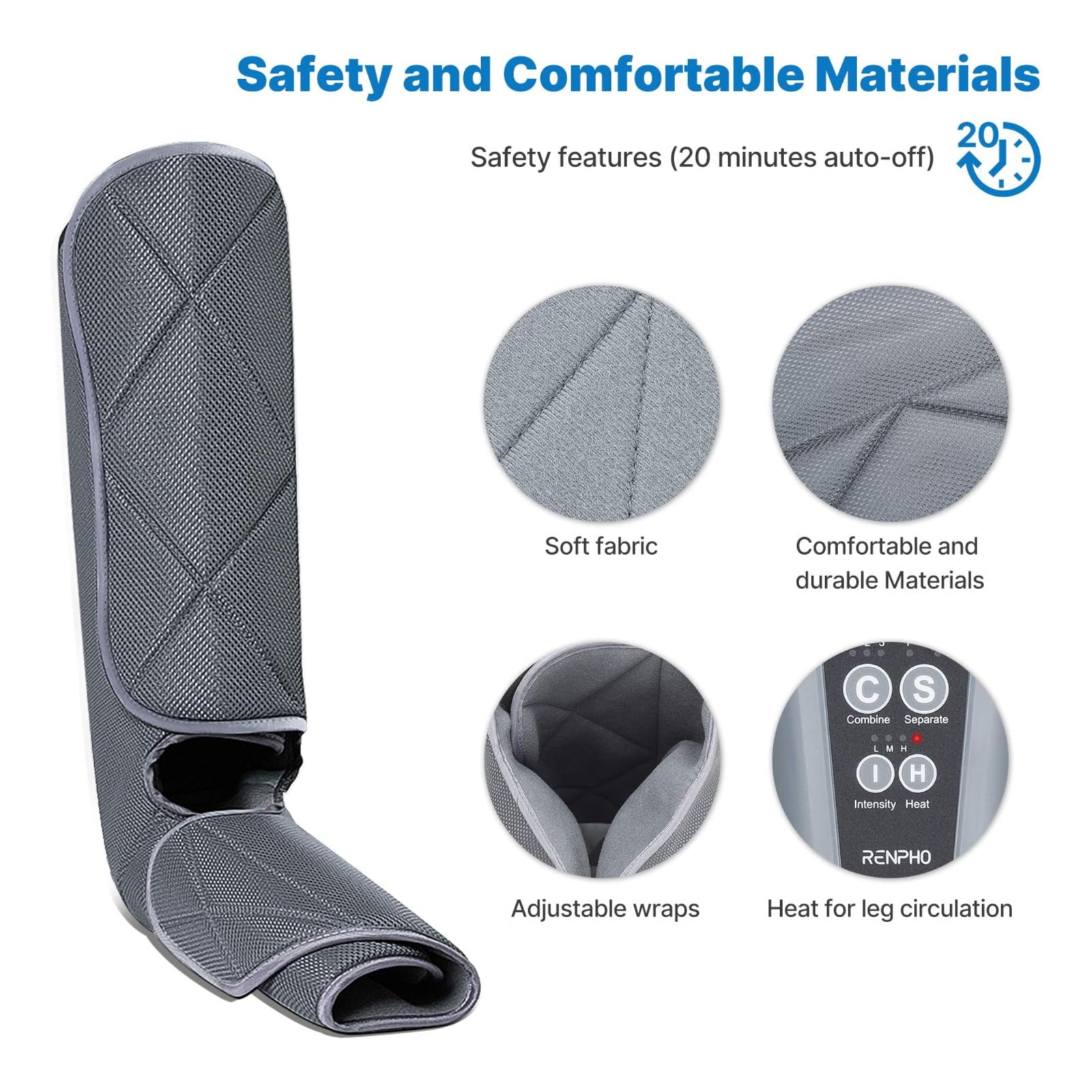 Grauer Beinwickel mit 4 Detailbildern: Stoff, Riemen, Bedienfeld und Auto-Off-Symbol.