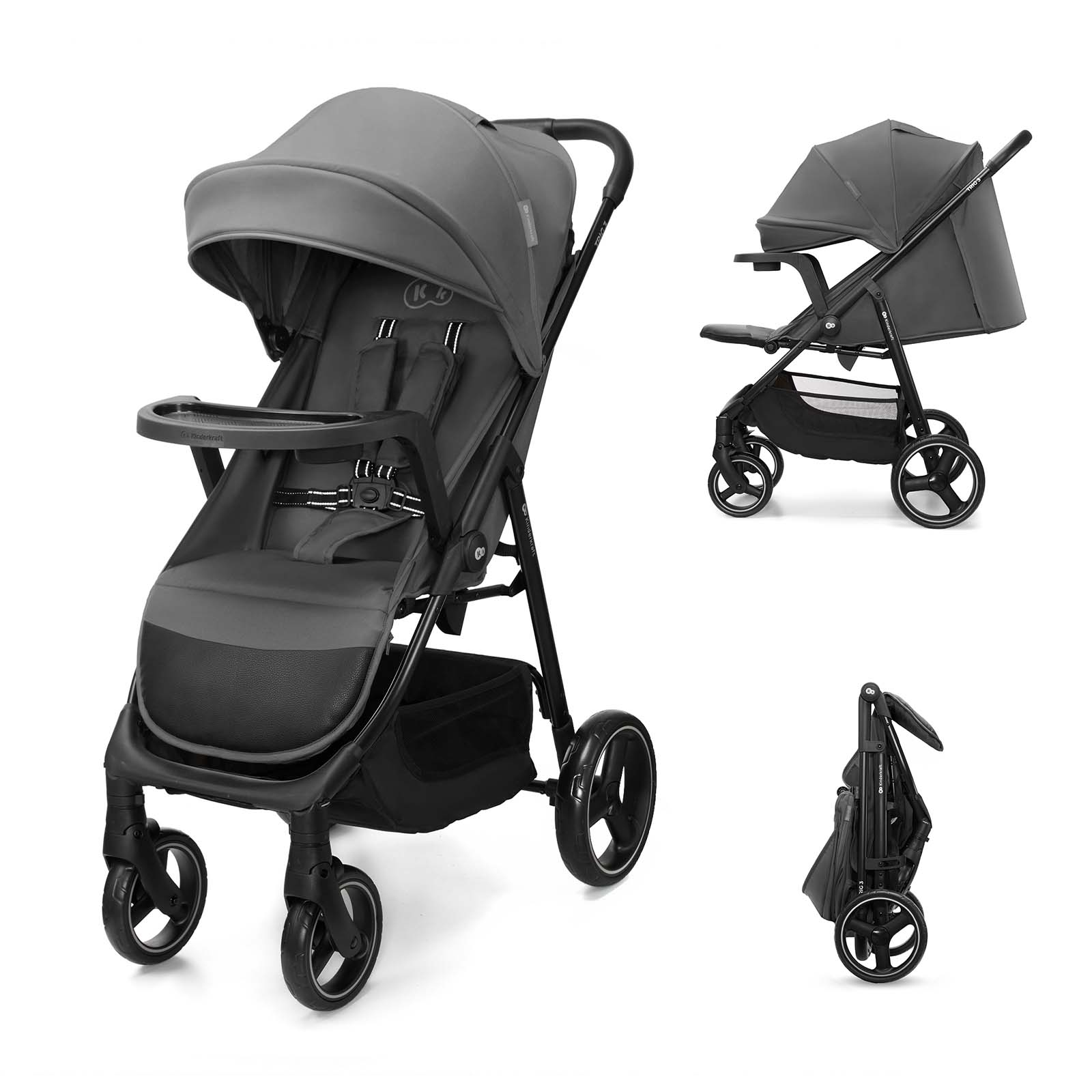 Ein grauer Kinderwagen mit einem Tablett, zusammengeklappt und im Profil.