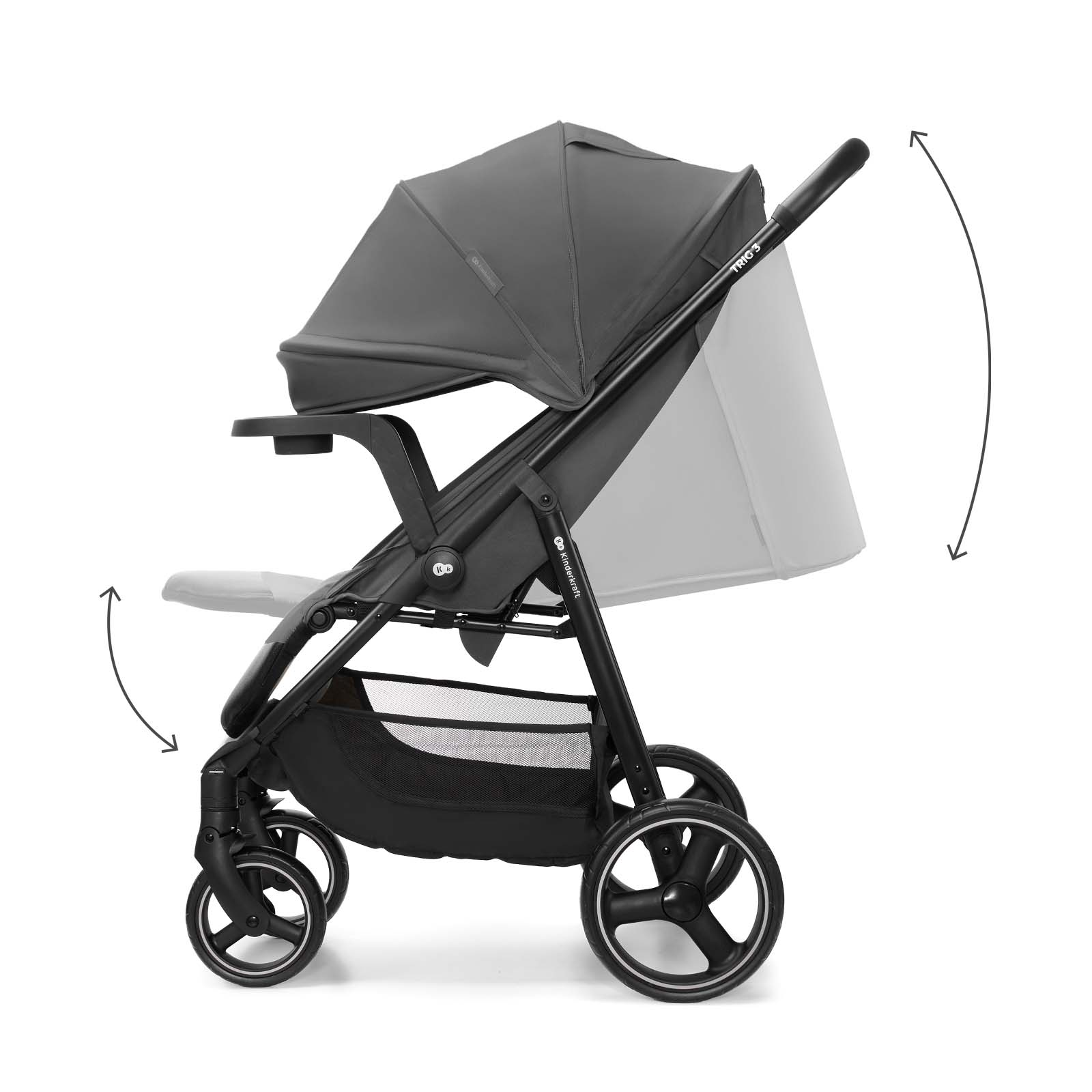 Ein grauer Kinderwagen mit schwarzem Rahmen und Rädern.