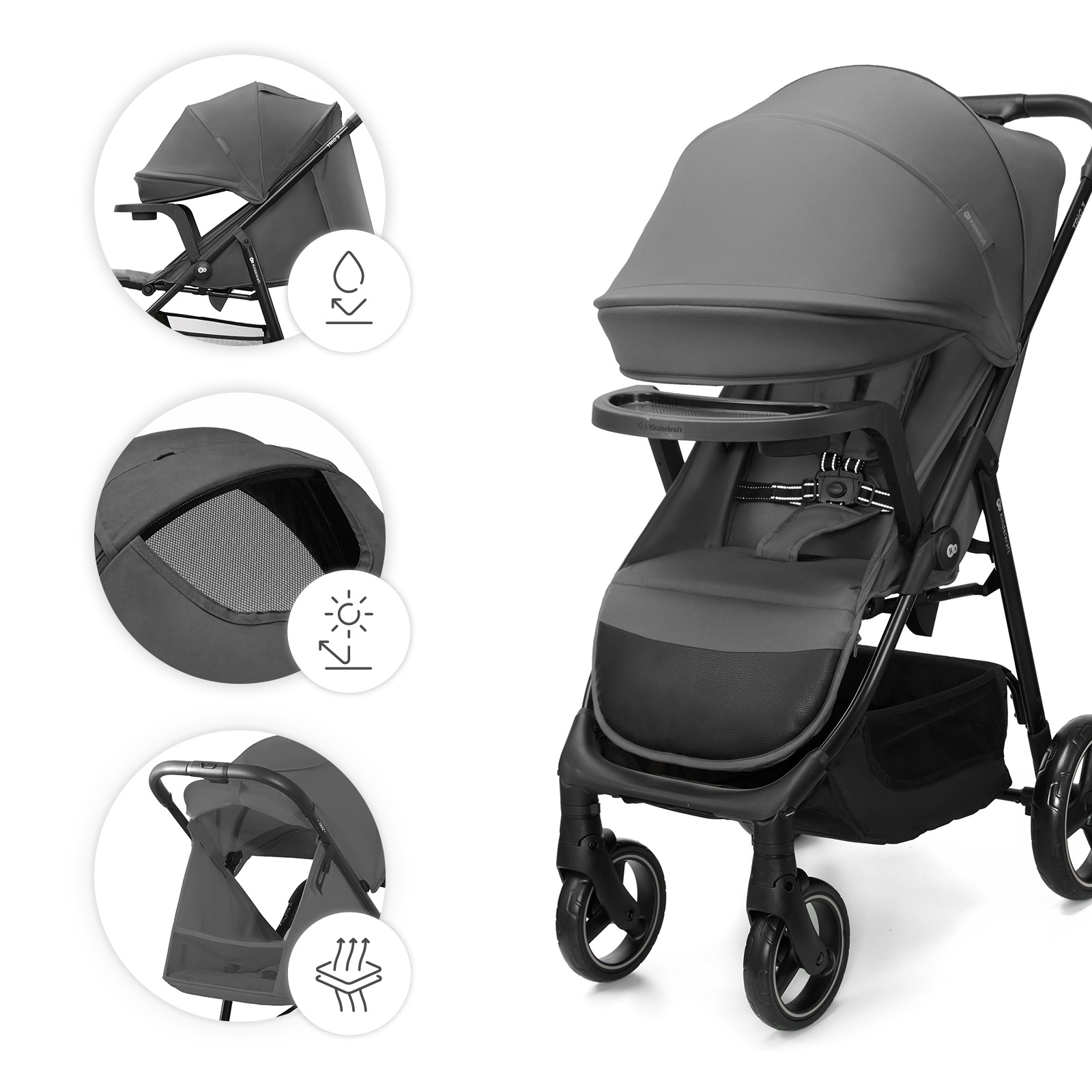 Ein grauer Kinderwagen mit Verdeck, Sitz und Aufbewahrungskorb.