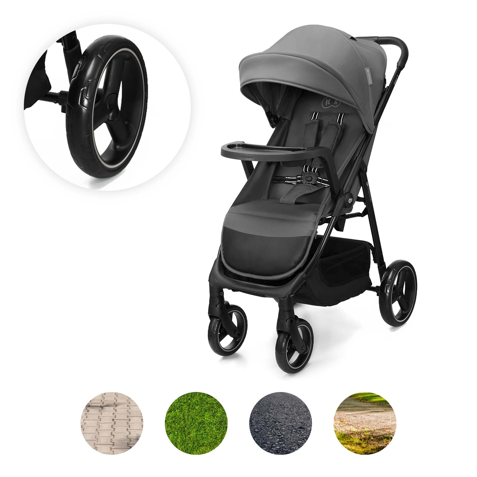 Grauer Kinderwagen mit Tablett, Ansicht von vorne und Rad-Detail.